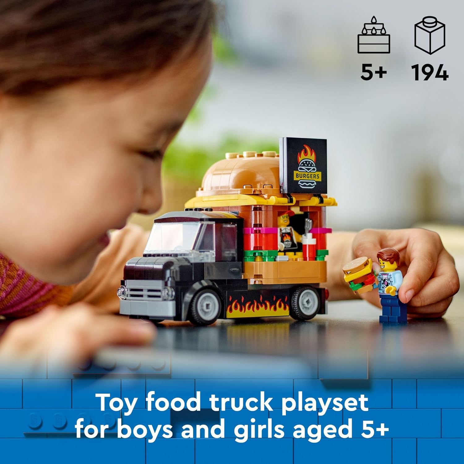 مجموعة بناء لعبة شاحنة برجر سيتي من ليجو 60404، هدية ممتعة للأطفال بعمر 5 سنوات فما فوق، مجموعة لعب برجر فان والمطبخ