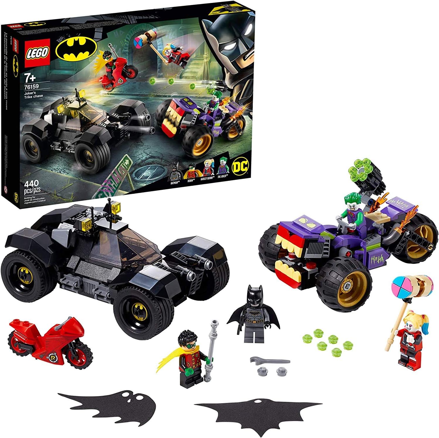 LEGO 76159 DC Batman Joker's Trike Chase Super-Hero Cars and Motorcycle Playset, Mini Shooting Batmobile Toy (440 Pieces)