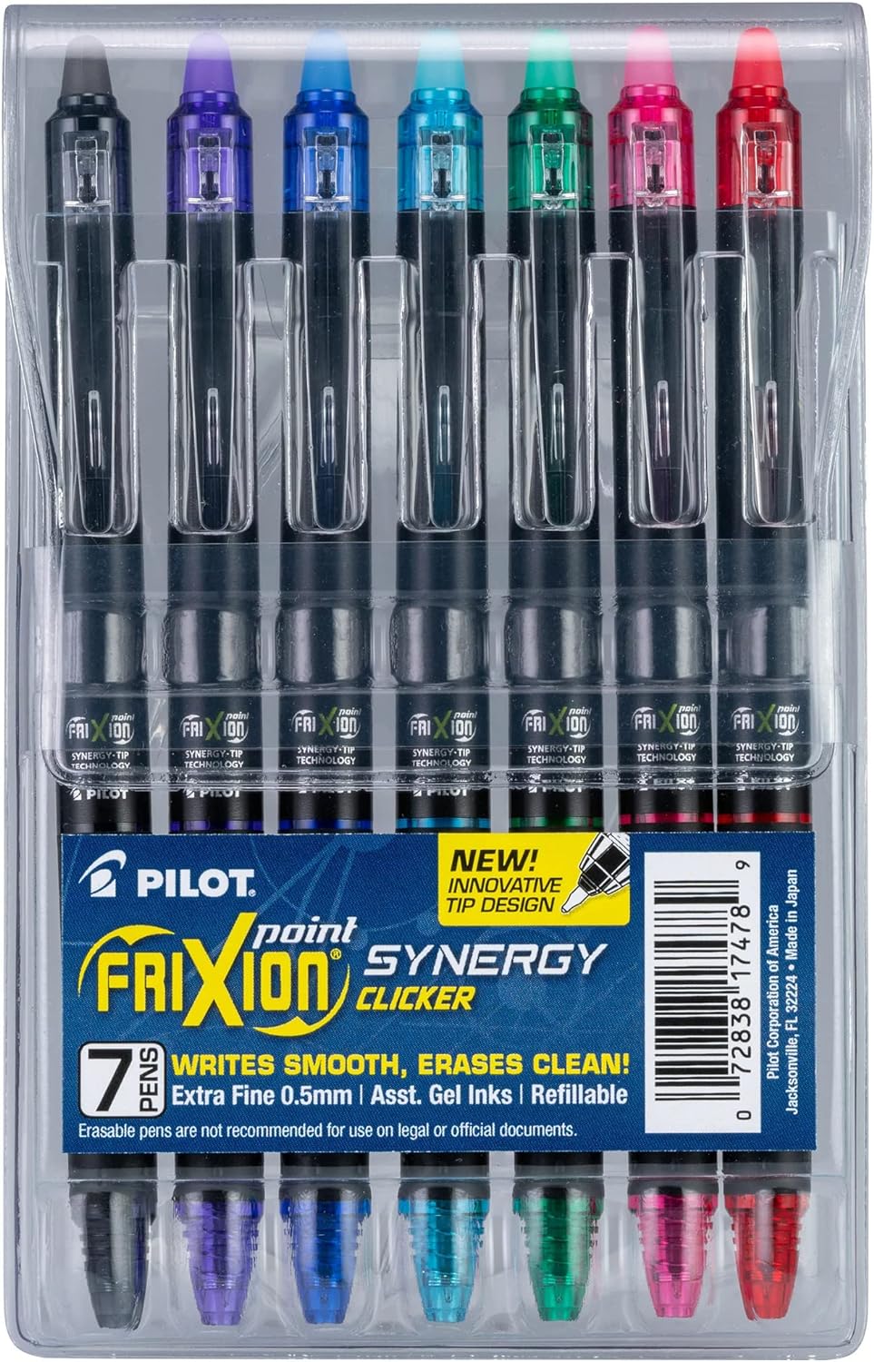 Pilot, FriXion Synergy Clicker Erasable, Refillable, Retractable Gel Ink Pens, Extra Fine Point 0.5 mm, Pack of 7, Assorted Colors