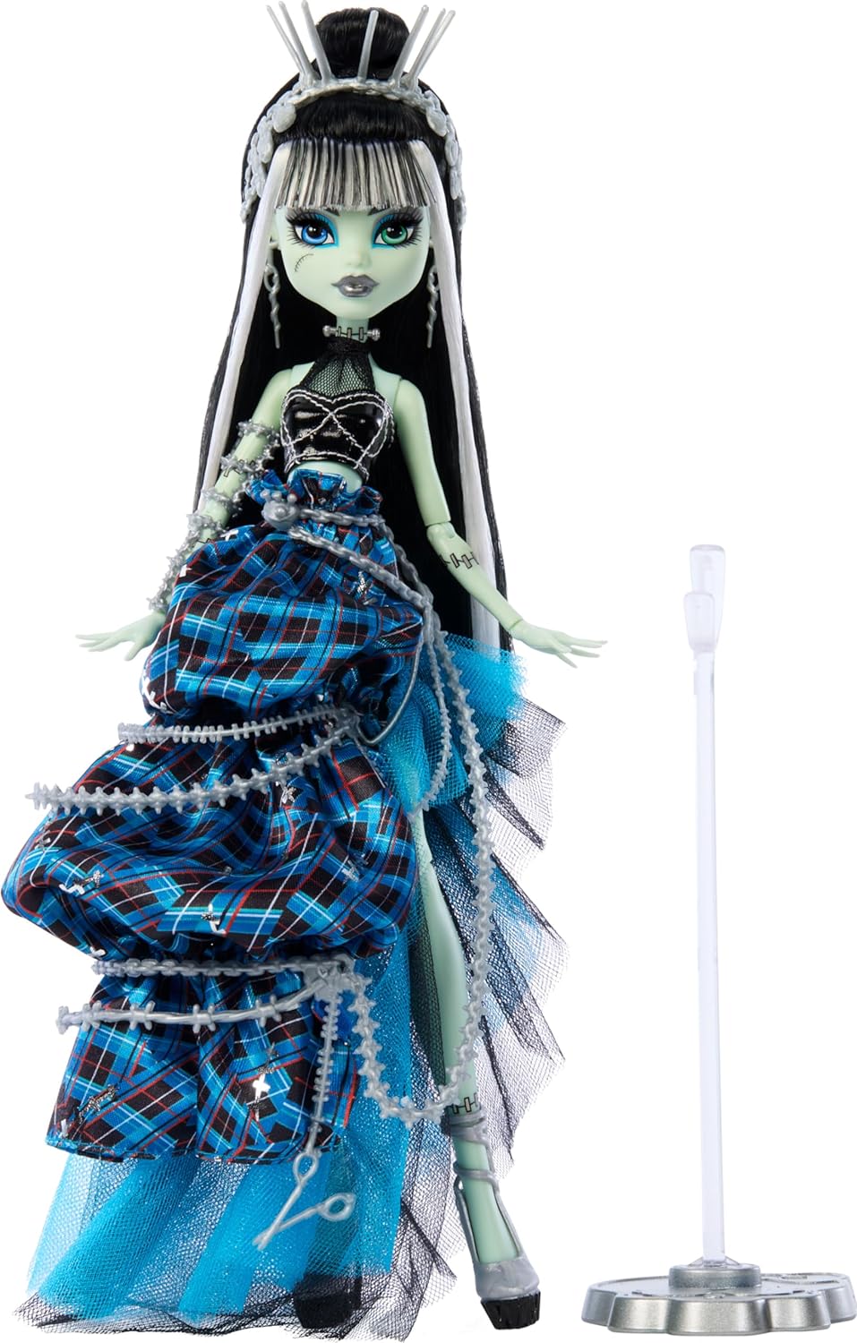 Monster High Doll, Frankie Stein Stitched in Style Fashion Collectible, Blue Plaid Couture Gown & Sewing-Inspired Accessories