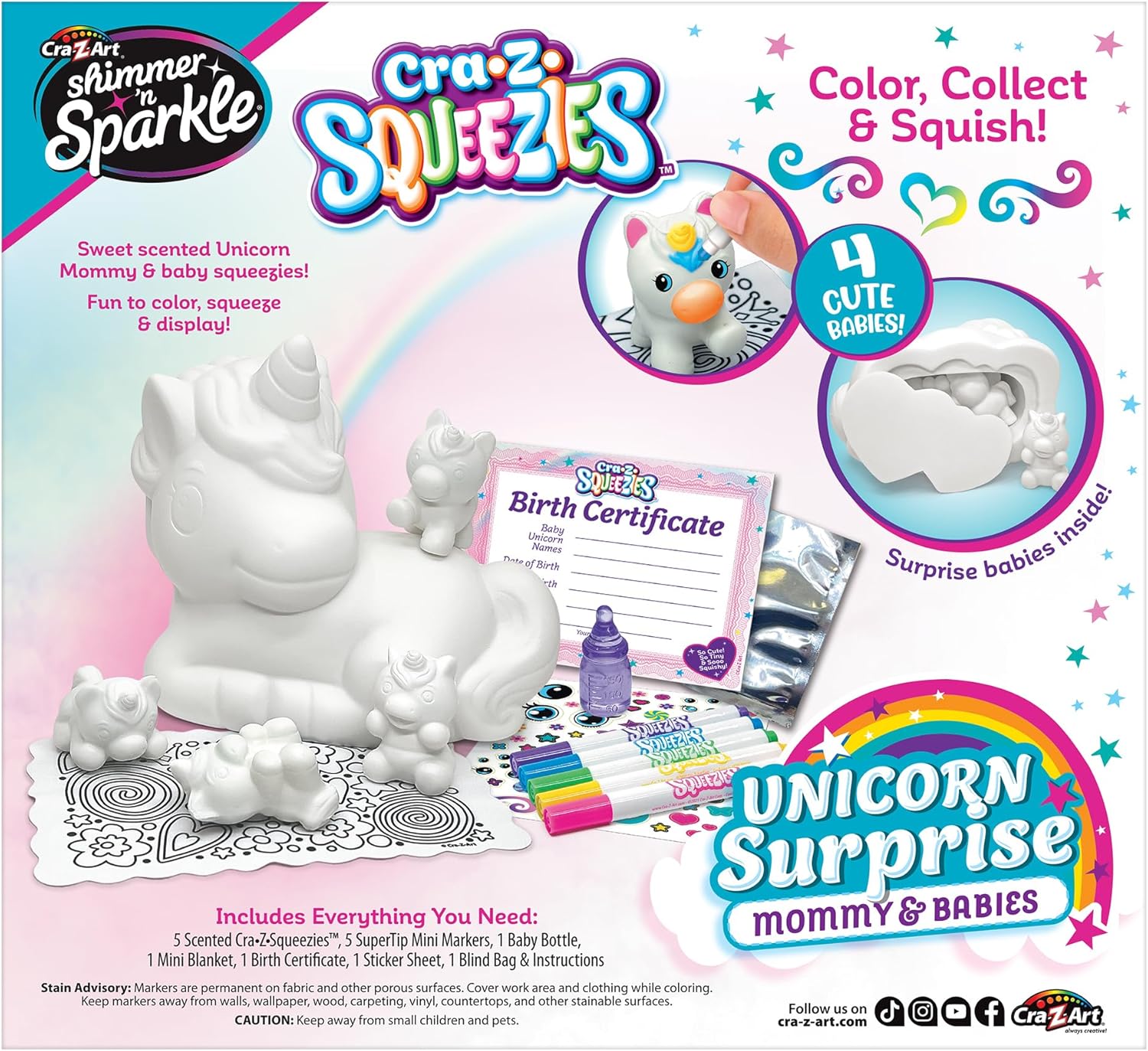 Shimmer 'n Sparkle CRA-Z Squeezies Unicorn Surprise Mommy & Babies Plush Making Kit - 5 Piece Squeezie Set - Arts and Crafts Activity for Ages 6 and Up