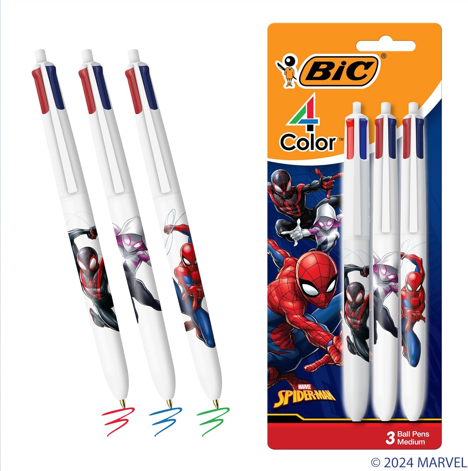 BIC 4-Color Marvel's Spider-Man Edition Retractable Ball Pens, Medium Point (1.0mm), 3-Count Pack, Retractable Ball Pen With Long-Lasting Ink