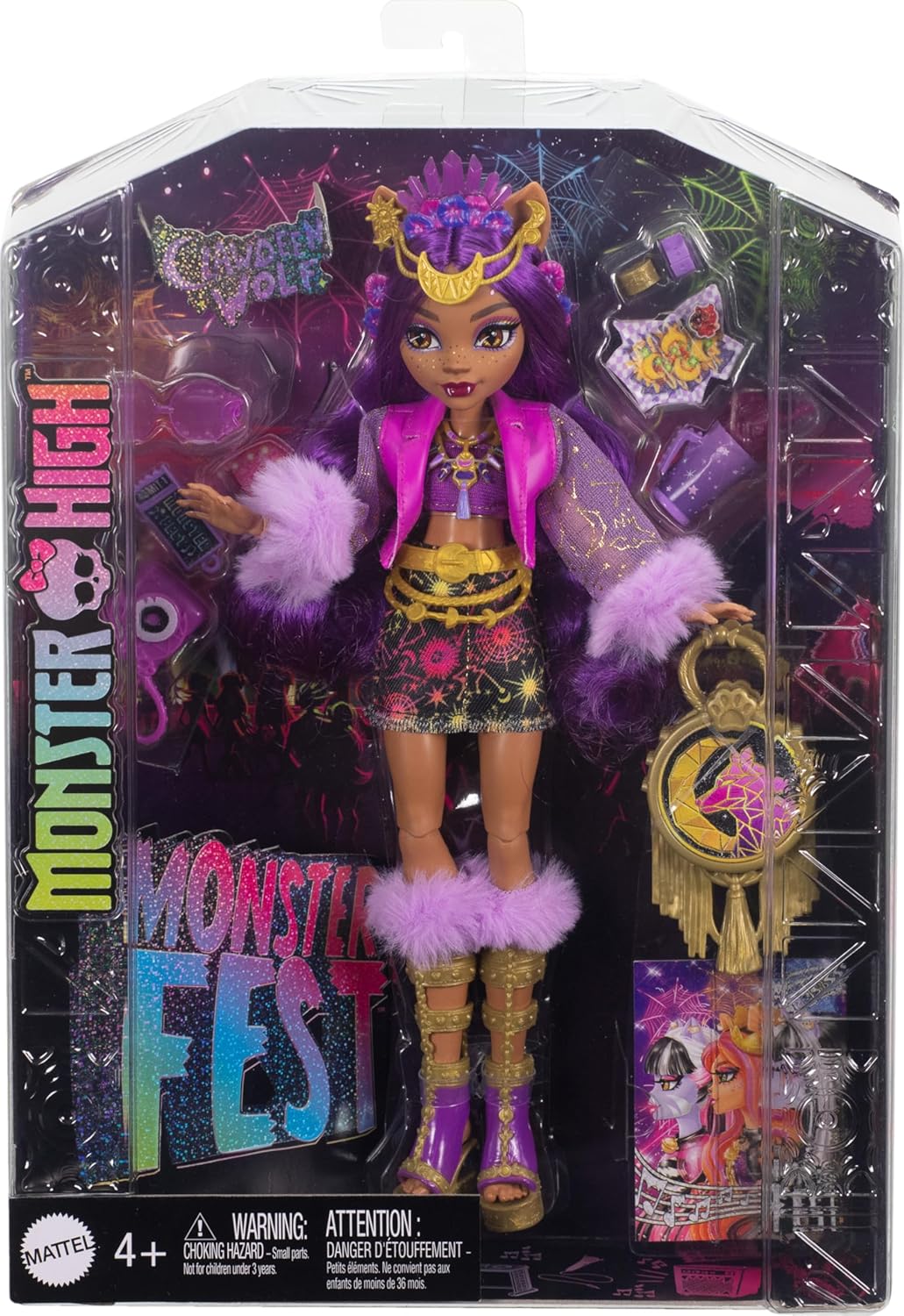 دمية Monster High Monster Fest، ذئب Clawdeen مع زي أنيق وإكسسوارات ذات طابع احتفالي مثل الوجبات الخفيفة وملصق الفرقة وحقيبة مميزة والمزيد 