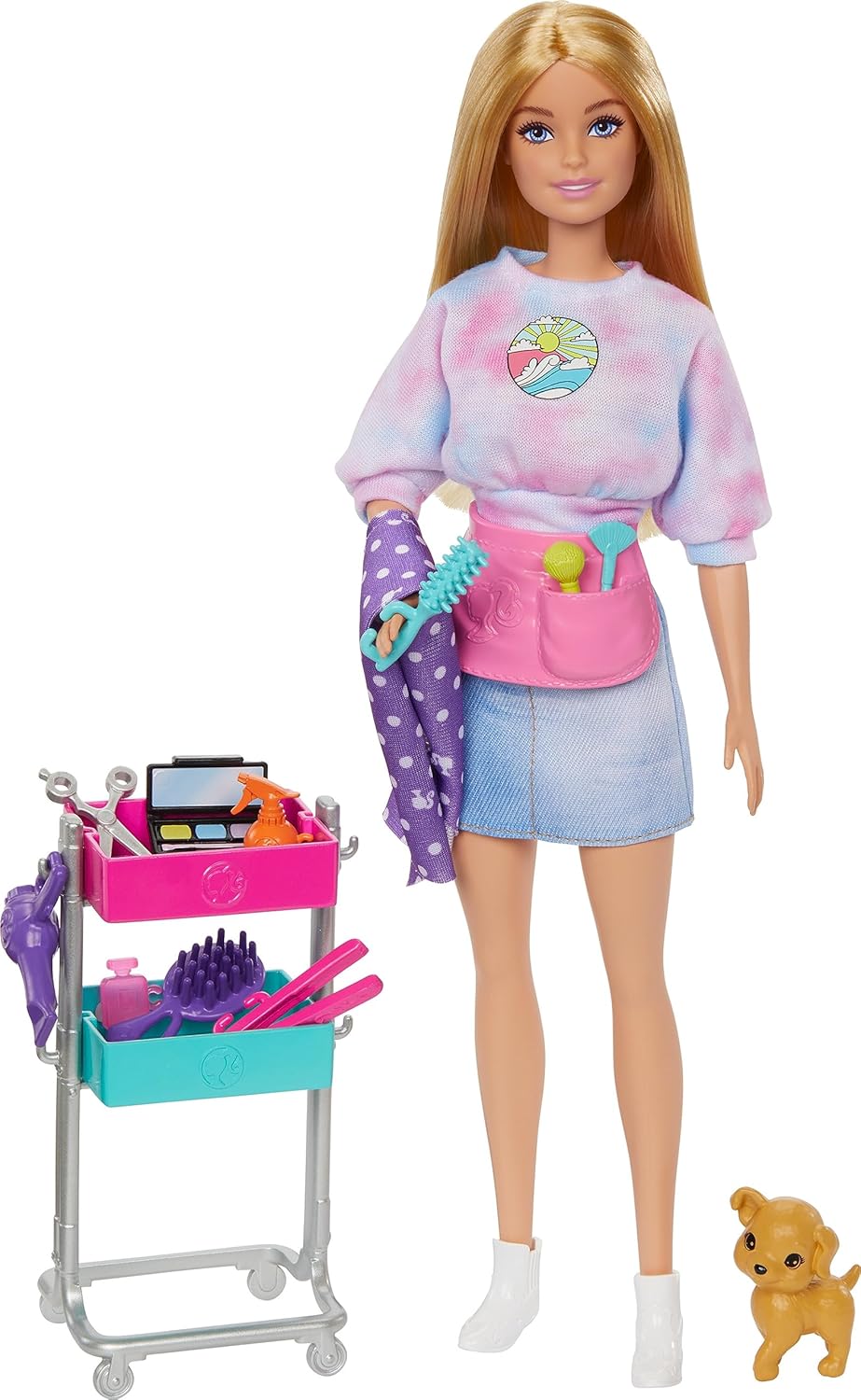 Barbie Stylist Doll & 14 Accessories, Blonde Malibu Fashion Doll On-set with Cart, Smock, Makeup Palette, Pet Puppy & More