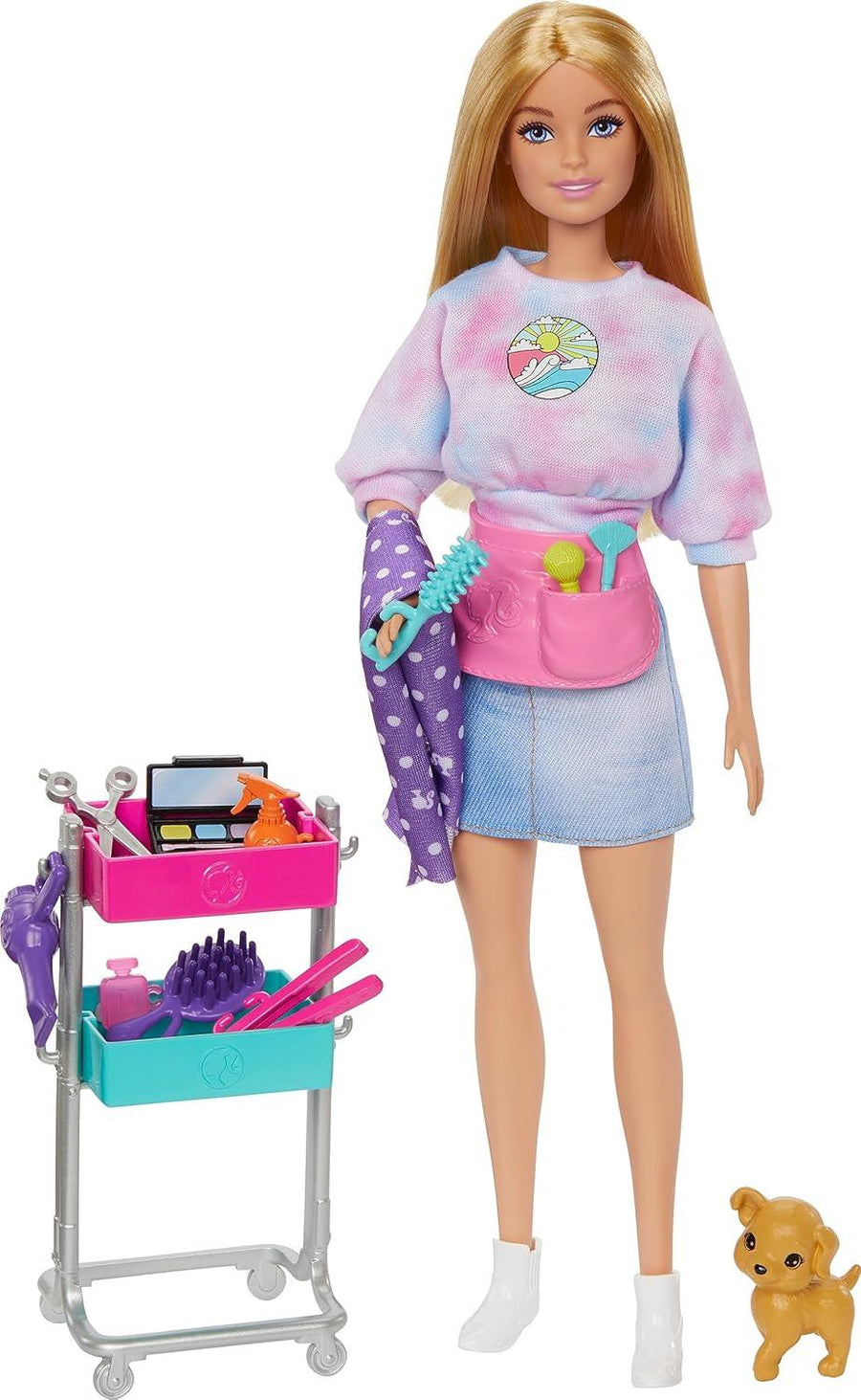 Barbie Stylist Doll & 14 Accessories: Blonde Malibu Fashion Doll On-set with Cart, Smock, Makeup Palette, Pet Puppy & More
