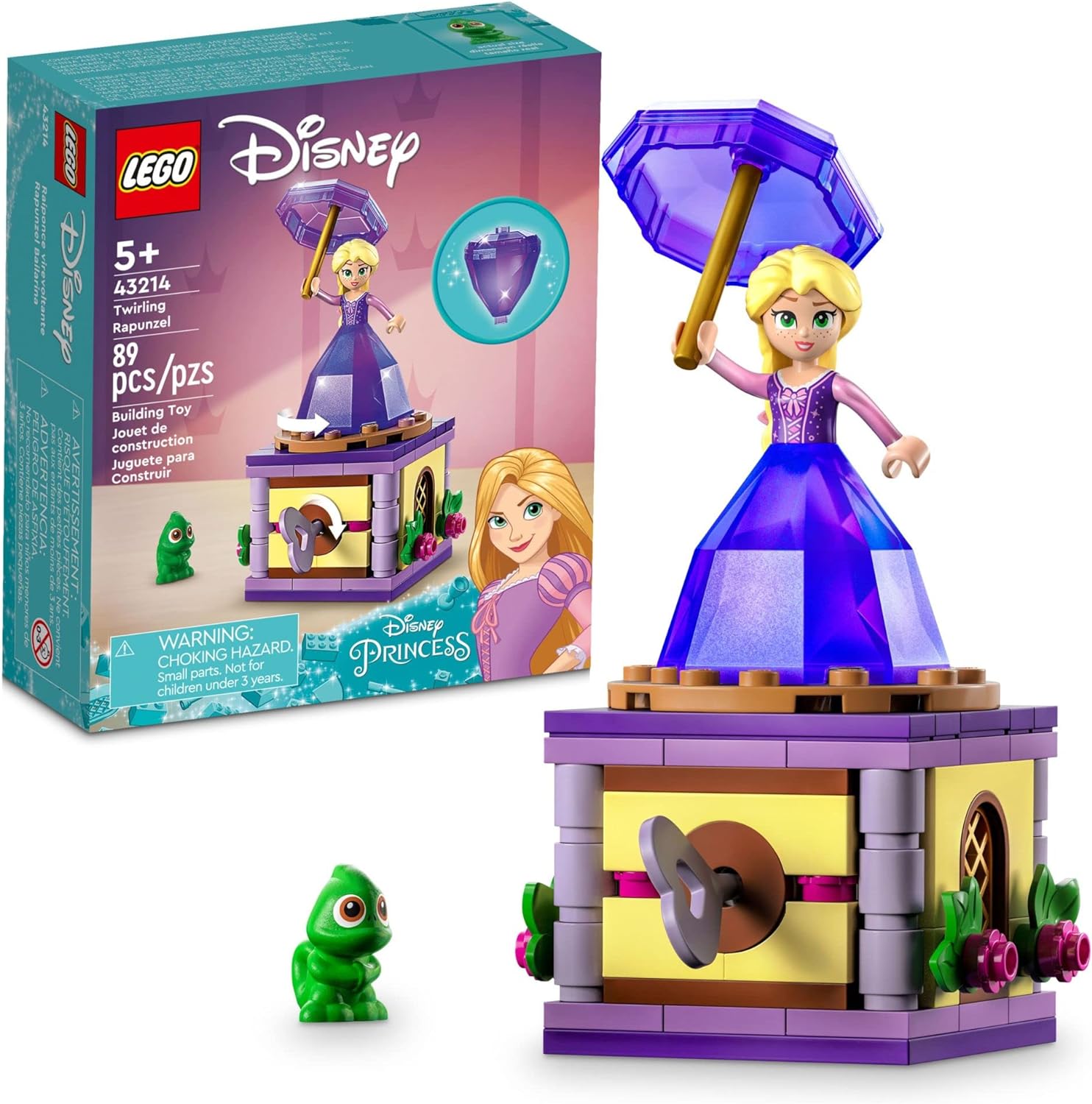 LEGO 43214 Disney Princess Twirling Rapunzel Building Toy with Diamond Dress Mini-Doll and Pascal The Chameleon Figure, Wind Up Toy Rapunzel.