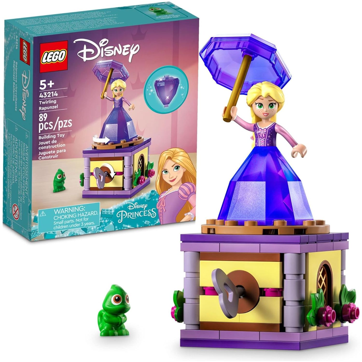 LEGO 43214 Disney Princess Twirling Rapunzel Building Toy with Diamond Dress Mini-Doll and Pascal The Chameleon Figure, Wind Up Toy Rapunzel.