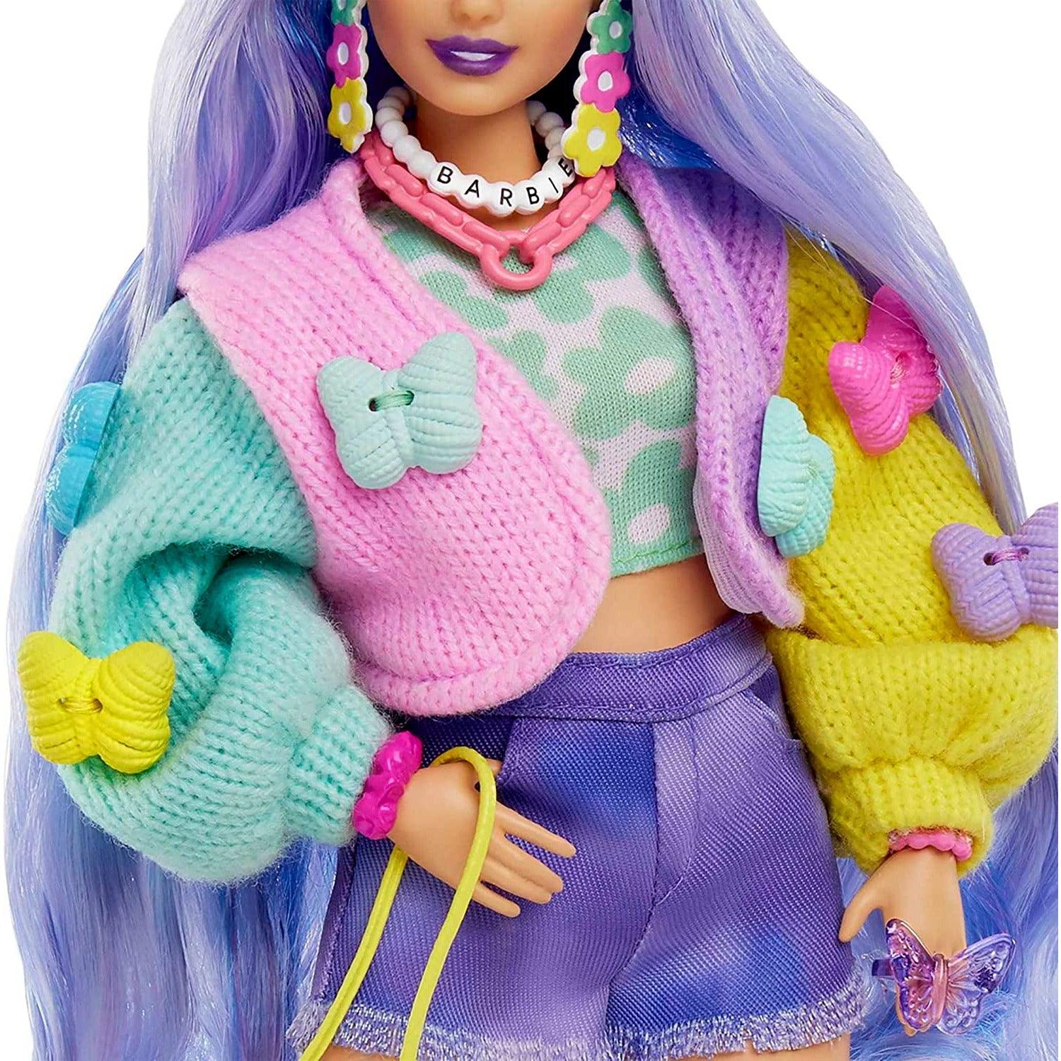 Barbie Extra #20 Doll & Accessories with Wavy Lavender Hair in Colorful Butterfly Sweater & Pink Boots with Pet Koala