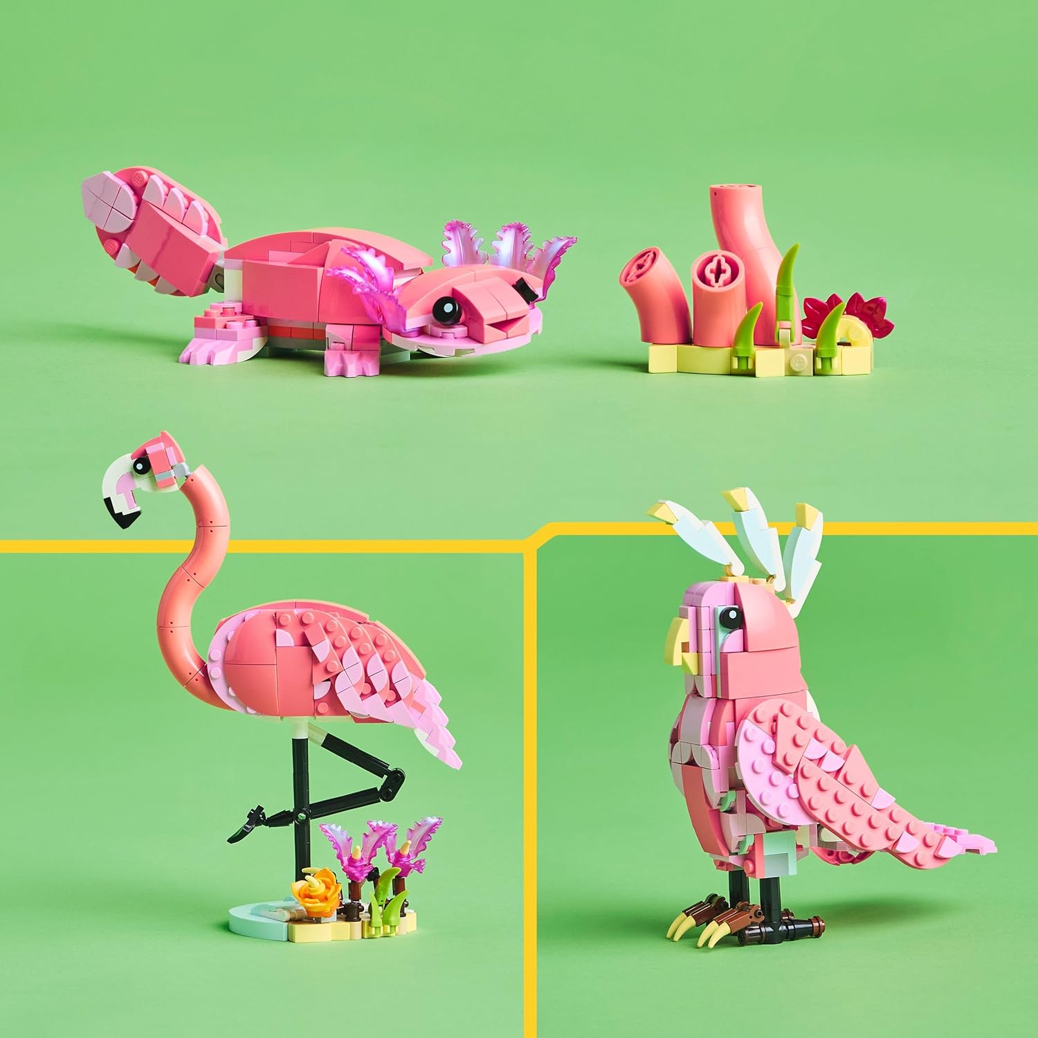 LEGO 31170 Creator 3in1 Wild Animals: Pink Flamingo Toy - Transforms into a Cockatoo Parrot Figure or Axolotl - Creative Building Set for Kids, 8+ Year Old Boys & Girls