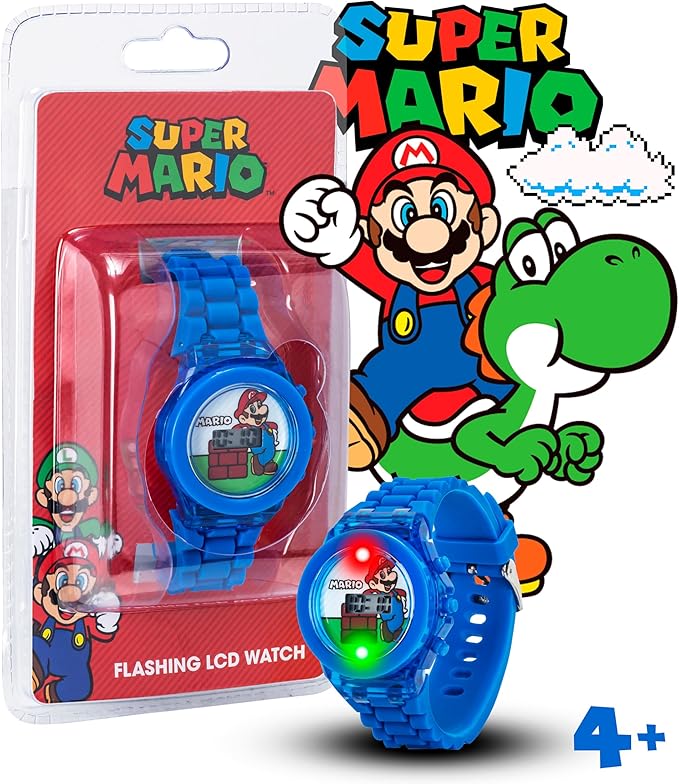 Accutime Super Mario Kids LCD Digital Watch with Flashing Lights in Dial Featuring Mario Design and Molded Silicone Strap – Easy-Read Time Display – Durable Build
