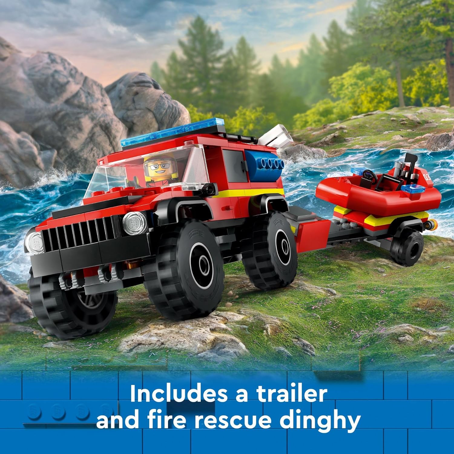 LEGO 60412 City 4x4 Fire Truck with Rescue Boat Toy for Kids Ages 5 and Up, Pretend Play Toy for Boys and Girls with a Truck Toy, Trailer, Dinghy and Tent, Plus 1 Camper and 2 Firefighter Minifigures.