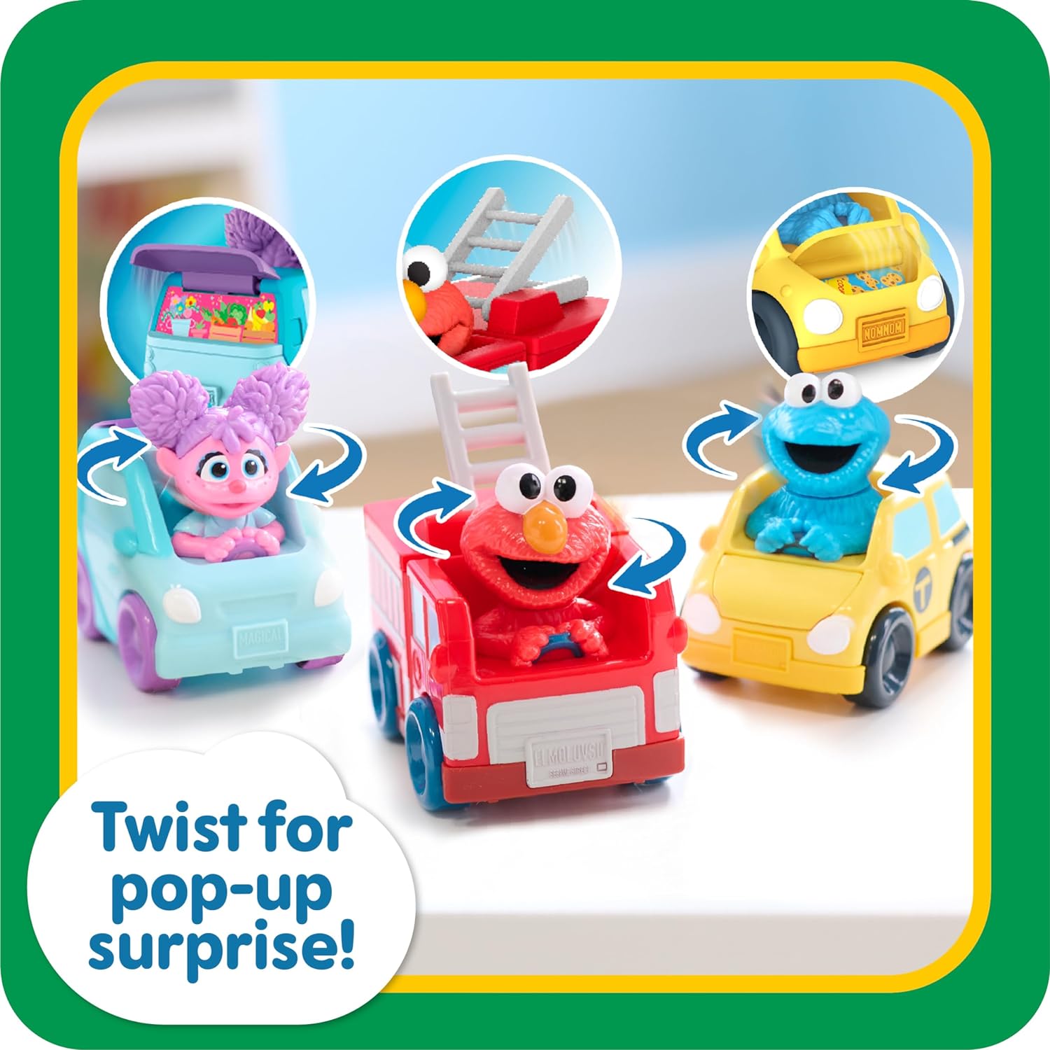 Just Play Sesame Street Twist and Pop Wheelies 3-Pack Preschool Toy Vehicles, Kids Toys for Ages 2 Up
