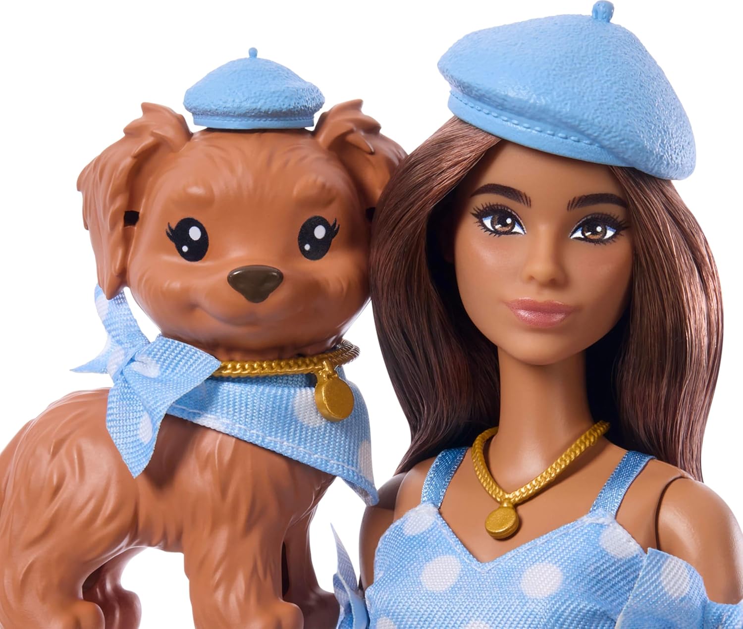 Barbie Twinning Looks Doll with Pet Dog in Matching Blue Polka Dot Clothes and Accessories for Both Like Berets and Purses, Brown Hair