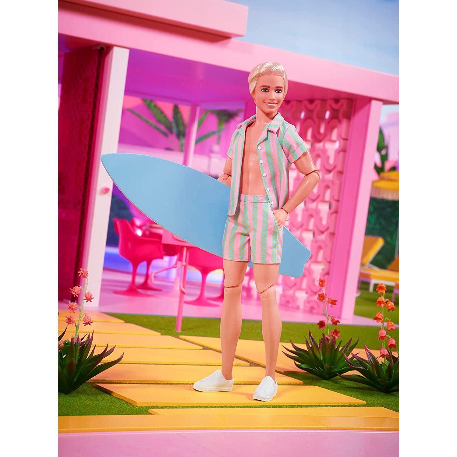 Barbie The Movie Ken Doll Wearing Pastel Pink and Green Striped Beach Matching Set with Surfboard and White Sneakers - BumbleToys - 5-7 Years, Barbie, Boys, Disney Princess, dup-review-publication, Fashion Dolls & Accessories, Girls, Mattel, Pre-Order