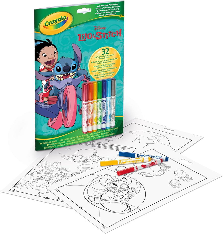 Crayola Lilo & Stitch Activity & Coloring Album, 32 Colouring Pages and 7 Mini Washable Felt Tip Pens