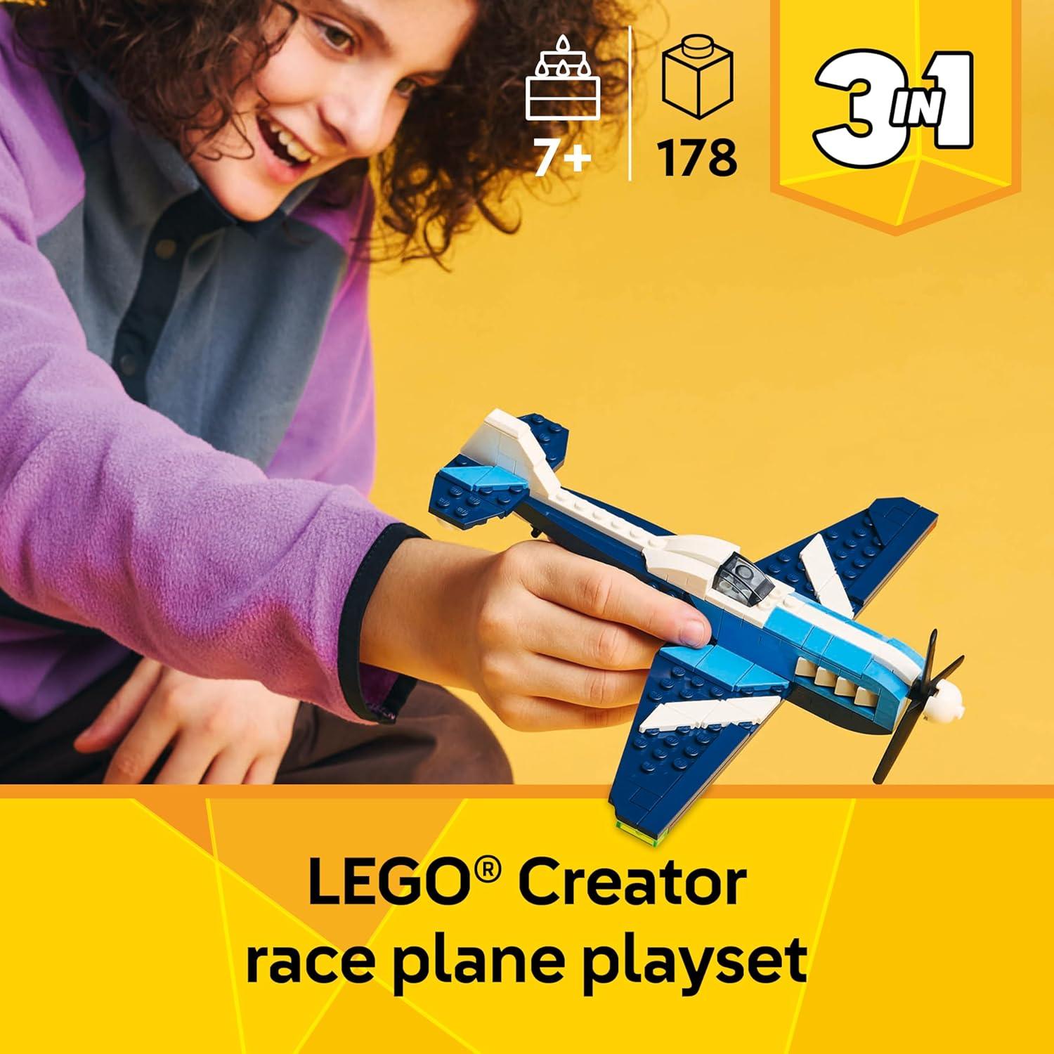 LEGO 31160 Creator 3 in 1 Aircraft Race Plane Toy - Building Toy with 3 Building Options, Airplane, Fighter Jet, or Helicopter - Gift Idea for Kids, Boys and Girls, Ages 7+