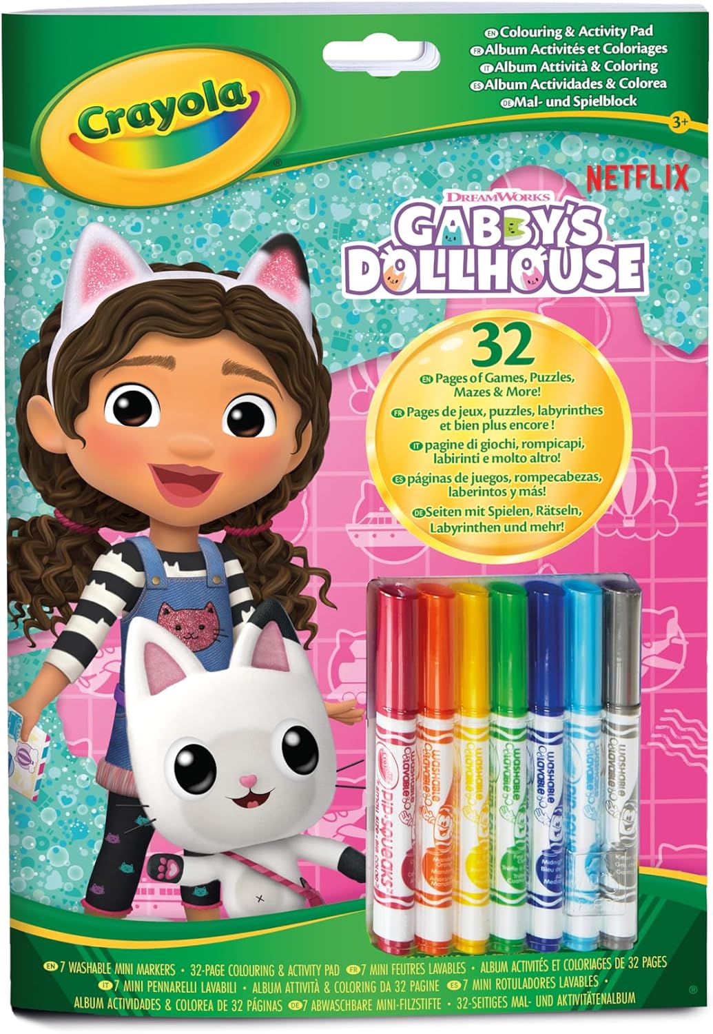 Crayola Gabby's Dollhouse Activity & Coloring Album, 32 Colouring Pages and 7 Mini Washable Markers