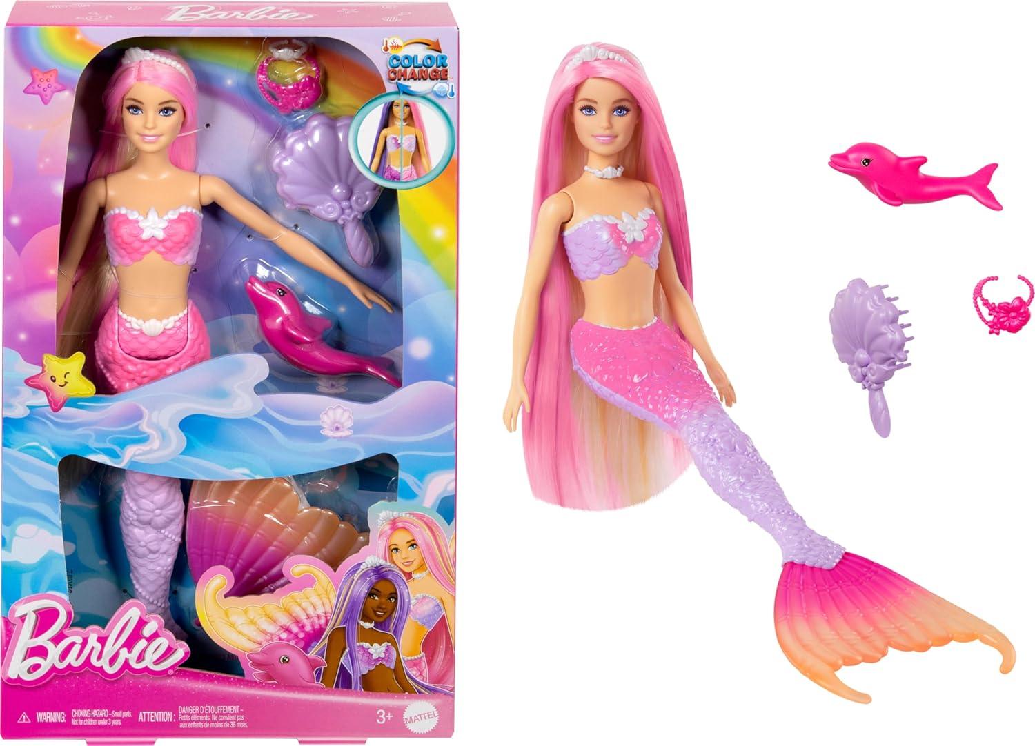 Mattel Barbie “Malibu” Mermaid Doll With Color Change Feature, Pet Dolphin And Accessories