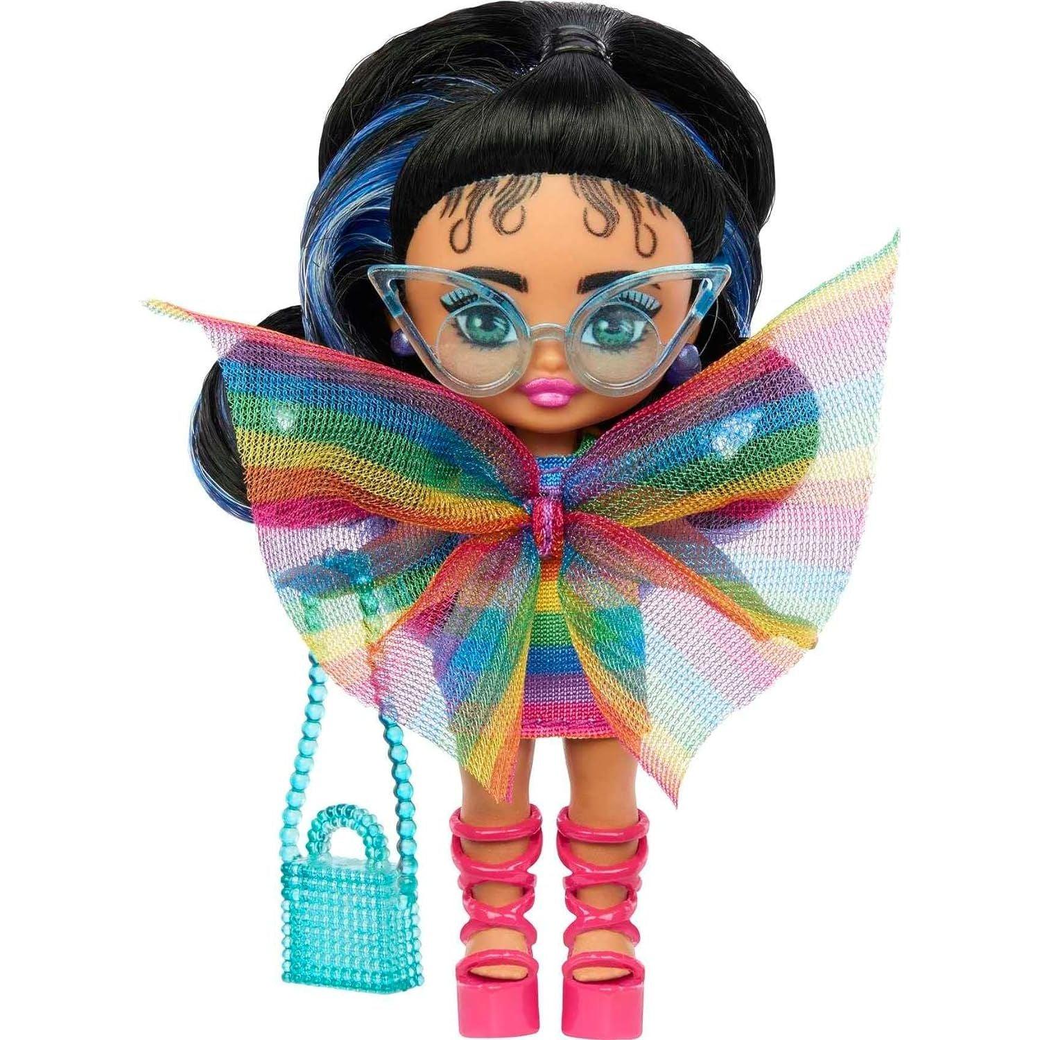 دمية باربي، دمية باربي الصغيرة جدًا مع فستان قوس قزح وذيل حصان أسود مع خطوط زرقاء وملابس وإكسسوارات