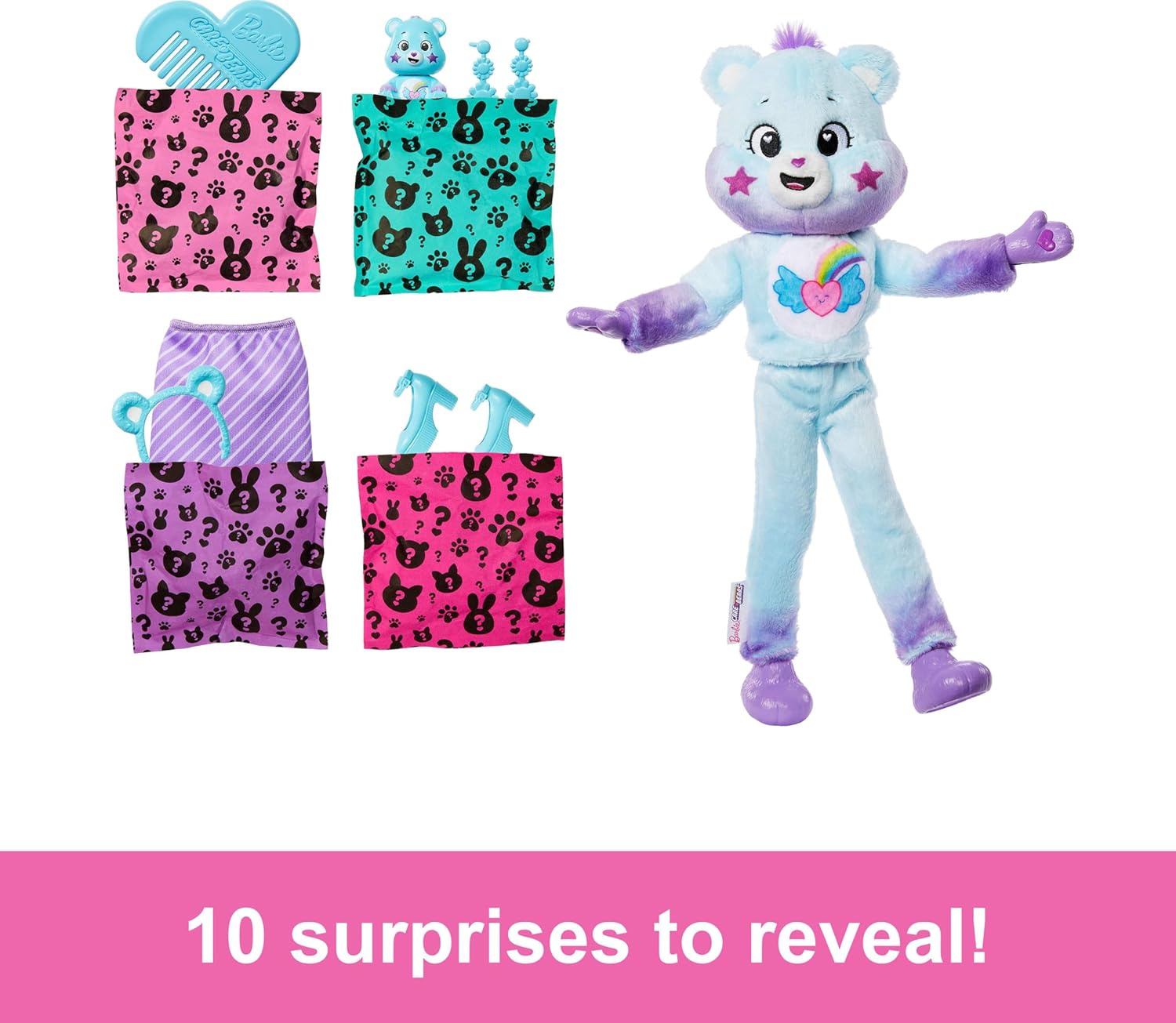 Barbie Cutie Reveal Care Bears Doll & Accessories, Series 2 Dream Bright Bear with 10 Surprises Including Color Change & Mini Bear