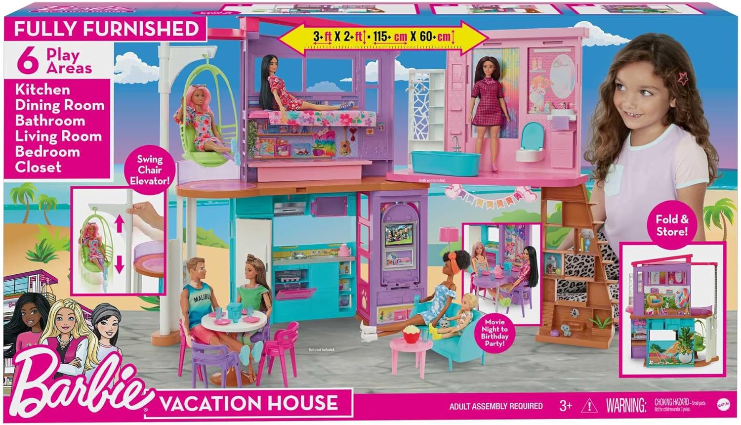 Barbie Vacation House, 2-Storey Fully-Furnished Barbie House with 6 Play Areas, Swing Chair Elevator, 30 Accessories, Fold and Store, Toys for Ages 3 and Up
