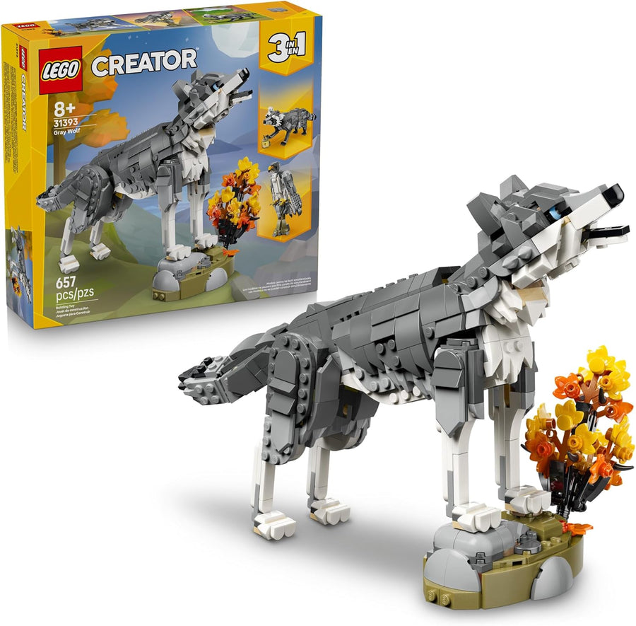 LEGO Creator 3 in 1 Forest Animals: Gray Wolf - Building Toy for Boys & Girls, Ages 8+ - Build a Wolf, Falcon or Raccoon - Gift for Kids' Birthdays - 31393