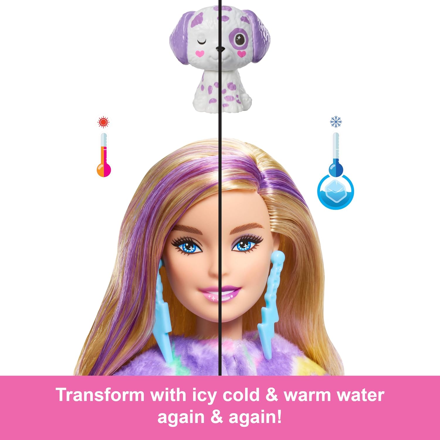 دمية باربي كيوتي ريفيل وملحقاتها، مجموعة سلسلة كولور دريم مع زي دالميشن قطيفة بألوان قوس قزح و10 مفاجآت 