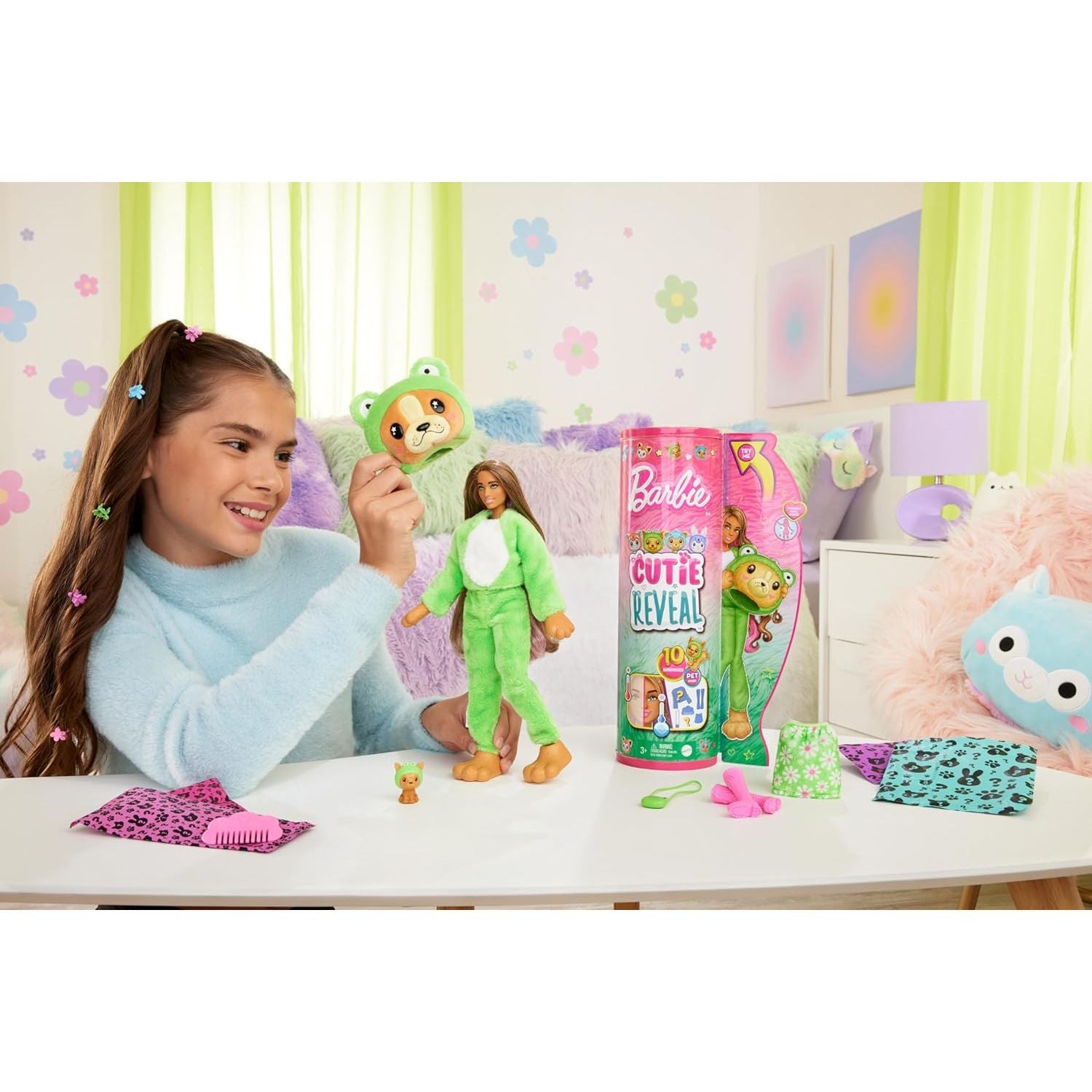Barbie Cutie Reveal Doll & Accessories with Animal Plush Costume & 10 Surprises Including Color Change, Puppy as Frog in Costume-Themed Series