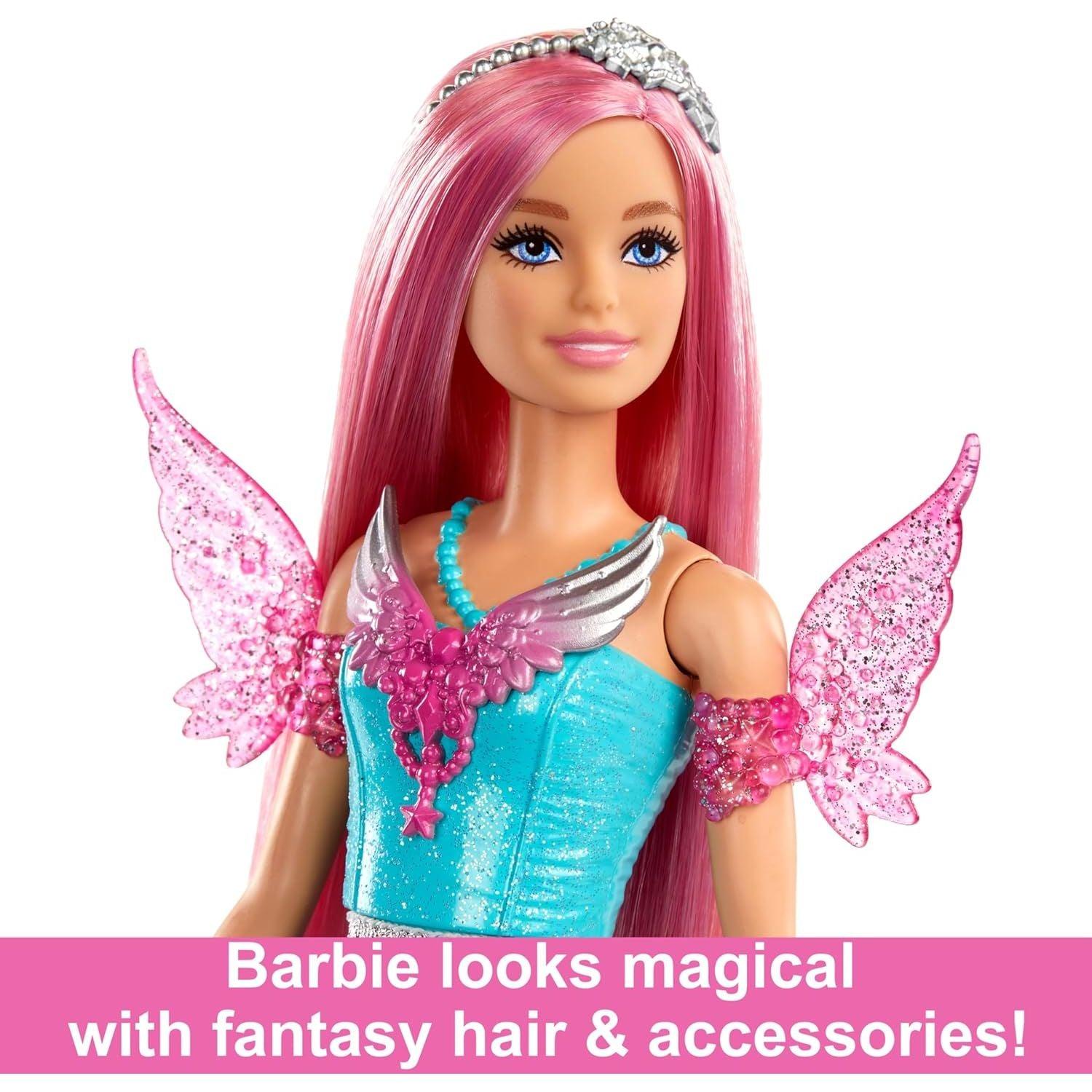 Barbie Doll with Two Fairytale Pets and Fantasy Dress, Barbie “Malibu” Doll from Barbie A Touch of Magic, 7-inch Long Fantasy Hair