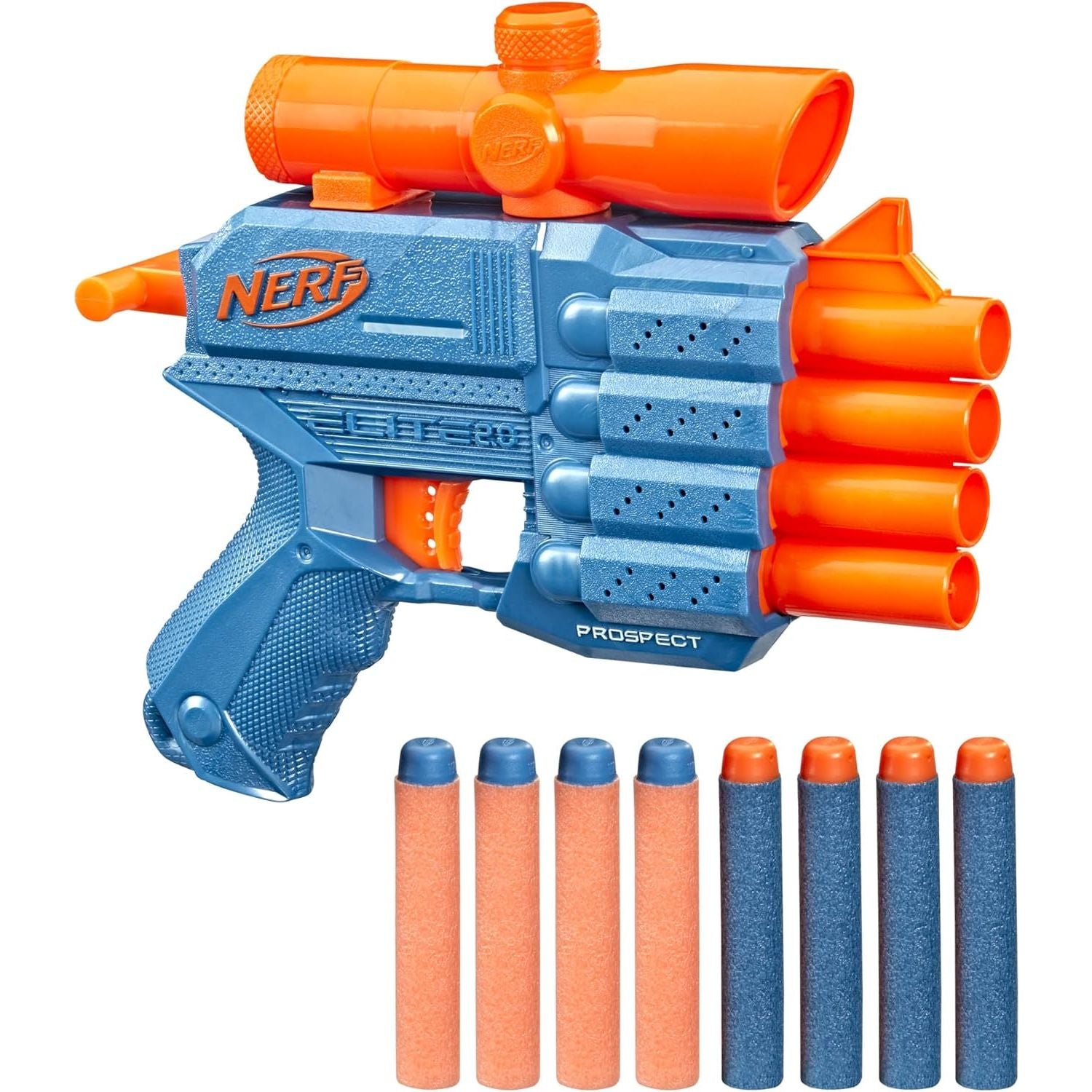 Hasbro Nerf Elite 2.0 Prospect QS-4 Blaster, 8 Official Nerf Elite Darts, 4-Dart Blasting, Non-Removable Targeting Scope