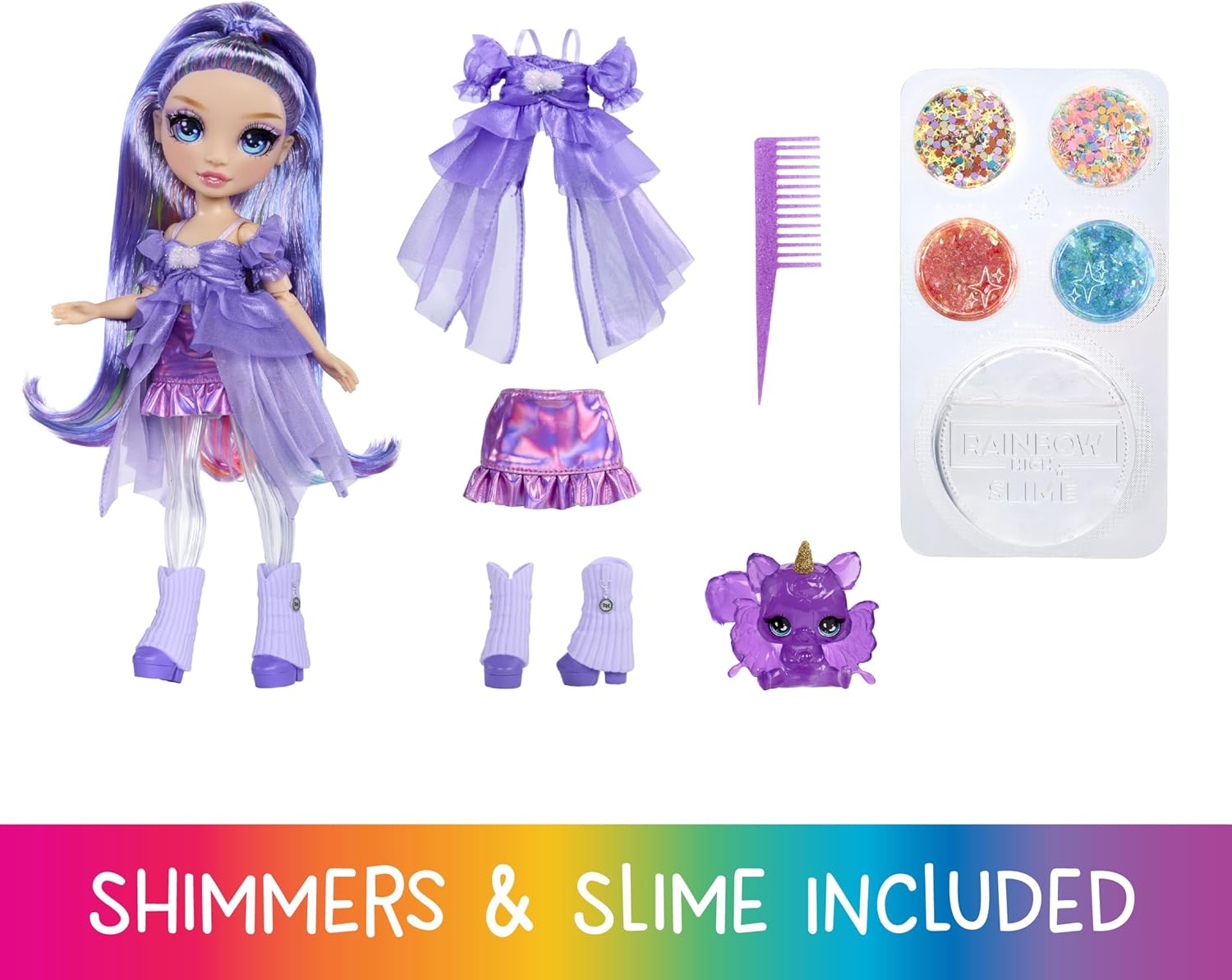 RAINBOW HIGH Rainbow Shimmers with Slime - Purple, Purple - 28cm Model Doll, with Slime Kit and Pet Squirrel, Suitable for Ages 4+