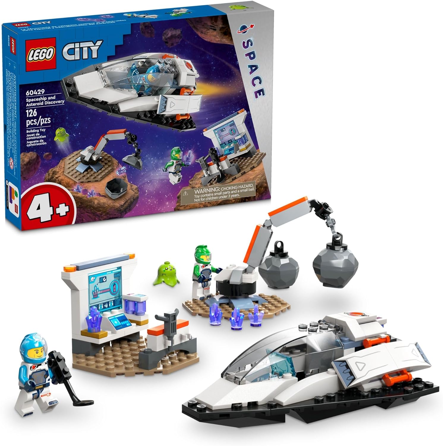 LEGO 60429 City Spaceship and Asteroid Discovery Toy Building Set, Gift for Kids Ages 4 Years Old and Up who Love Pretend Play, Includes 2 Space Crew Minifigures, Alien, Crystals, and Crane Toy