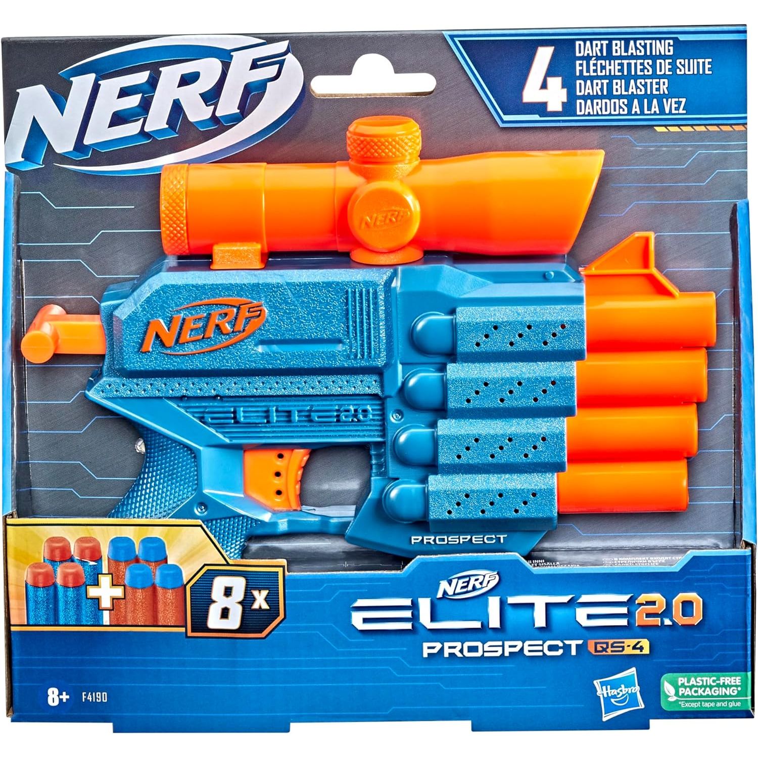 Hasbro Nerf Elite 2.0 Prospect QS-4 Blaster, 8 Official Nerf Elite Darts, 4-Dart Blasting, Non-Removable Targeting Scope