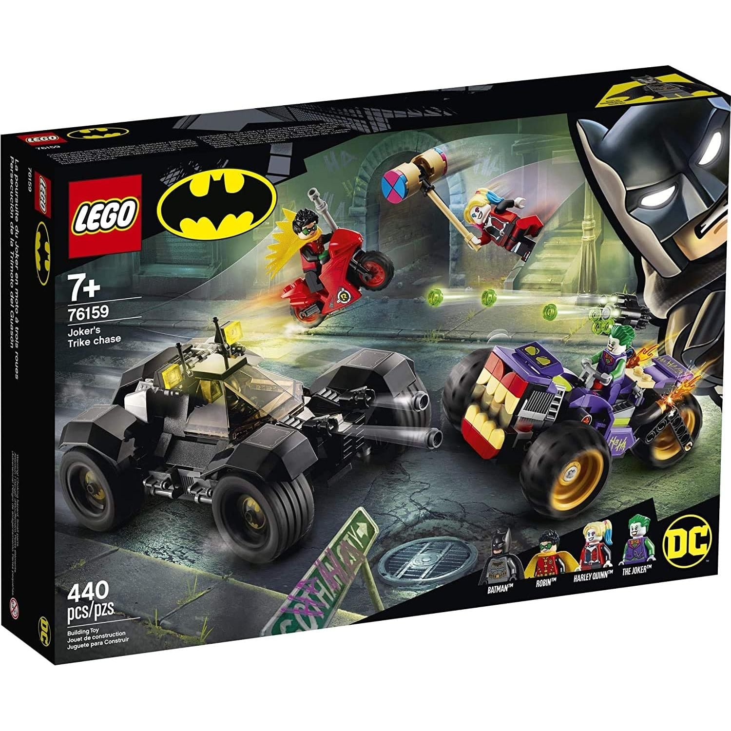 LEGO 76159 DC Batman Joker's Trike Chase Super-Hero Cars and Motorcycle Playset, Mini Shooting Batmobile Toy (440 Pieces)