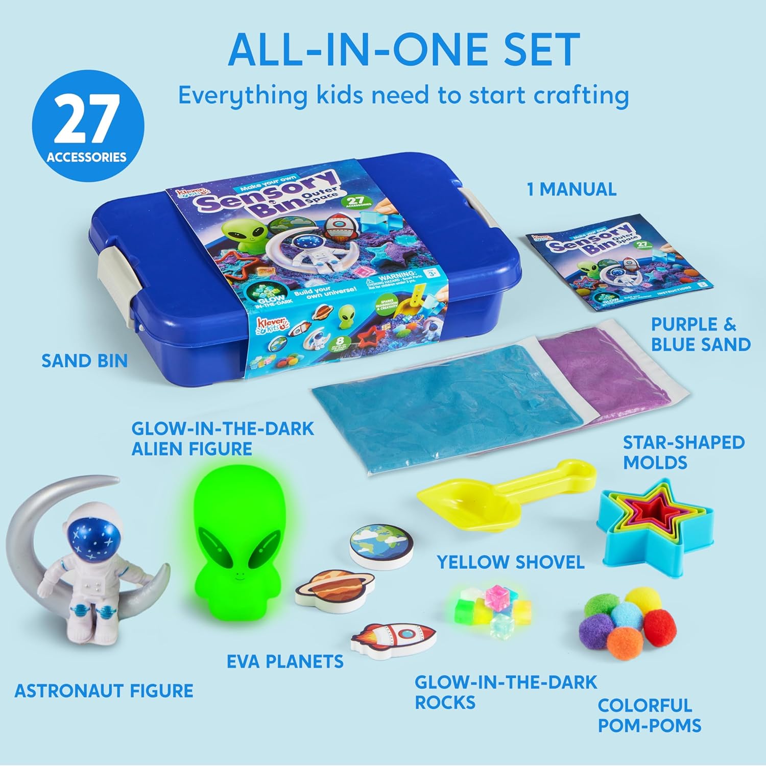 Children's sensory play set with various items on a light blue background