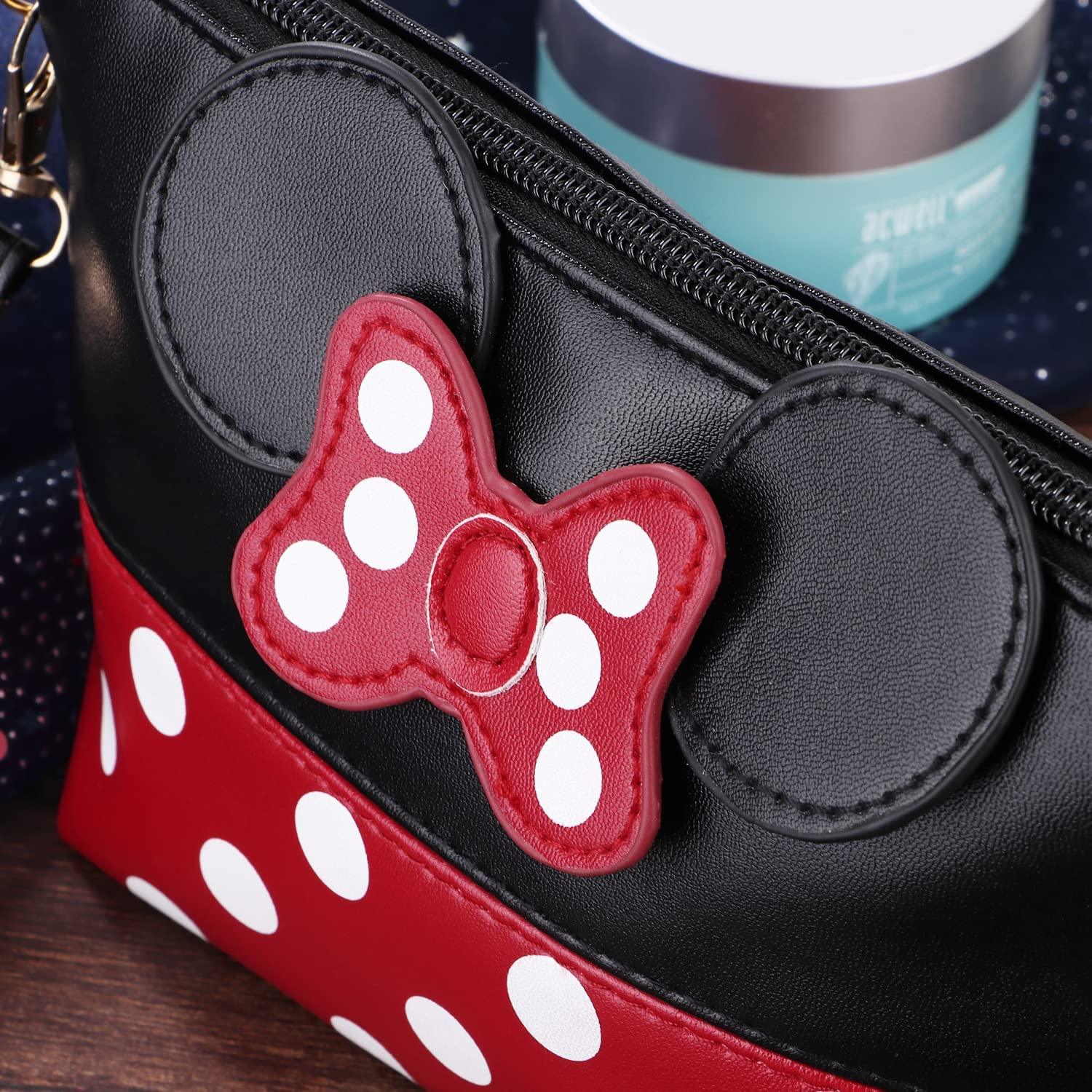 Minnie Mouse Ears Bag with Zipper Cartoon Leather Travel Makeup Handbag with Ears and Bow-knot, Cute Portable Cosmetic Bag Toiletry Pouch for Women Teen Girls Kids (Black) - BumbleToys - Bags, Girls, Leather