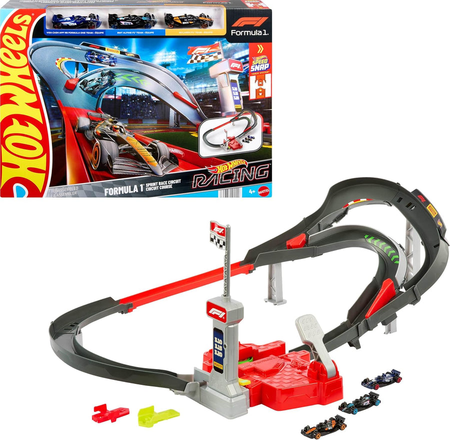 Hot Wheels Toy Car Track Set,  Diecast Formula 1 Vehicles McLaren F1 Team, 1:64 Scale Alpine, and VCARB, Sprint Race Circuit