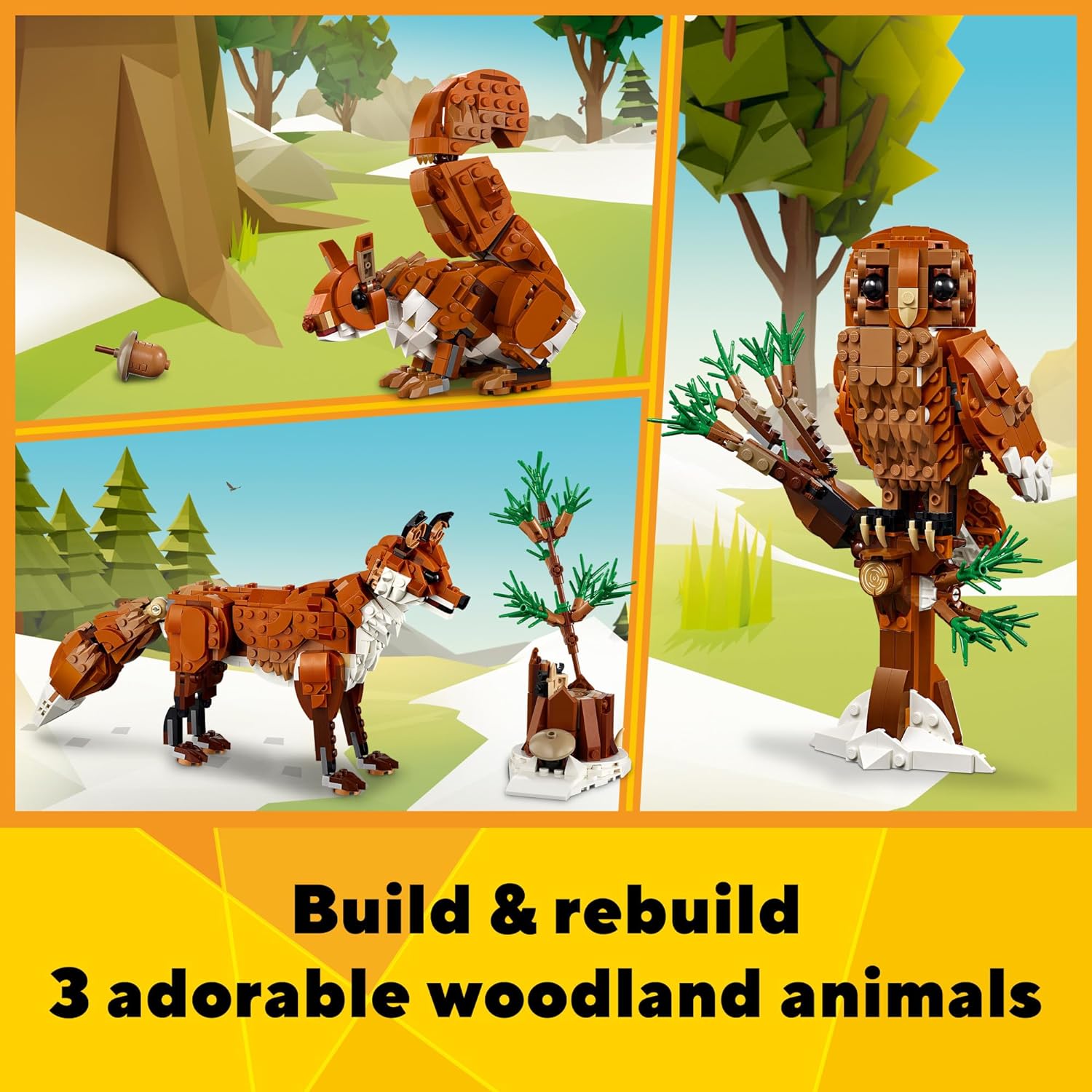 مجموعة شخصيات ليجو 31154 كرياتور 3 في 1 لحيوانات الغابة ريد فوكس وودلاند، لعبة الثعلب الأحمر إلى لعبة البومة إلى نموذج لعبة السنجاب