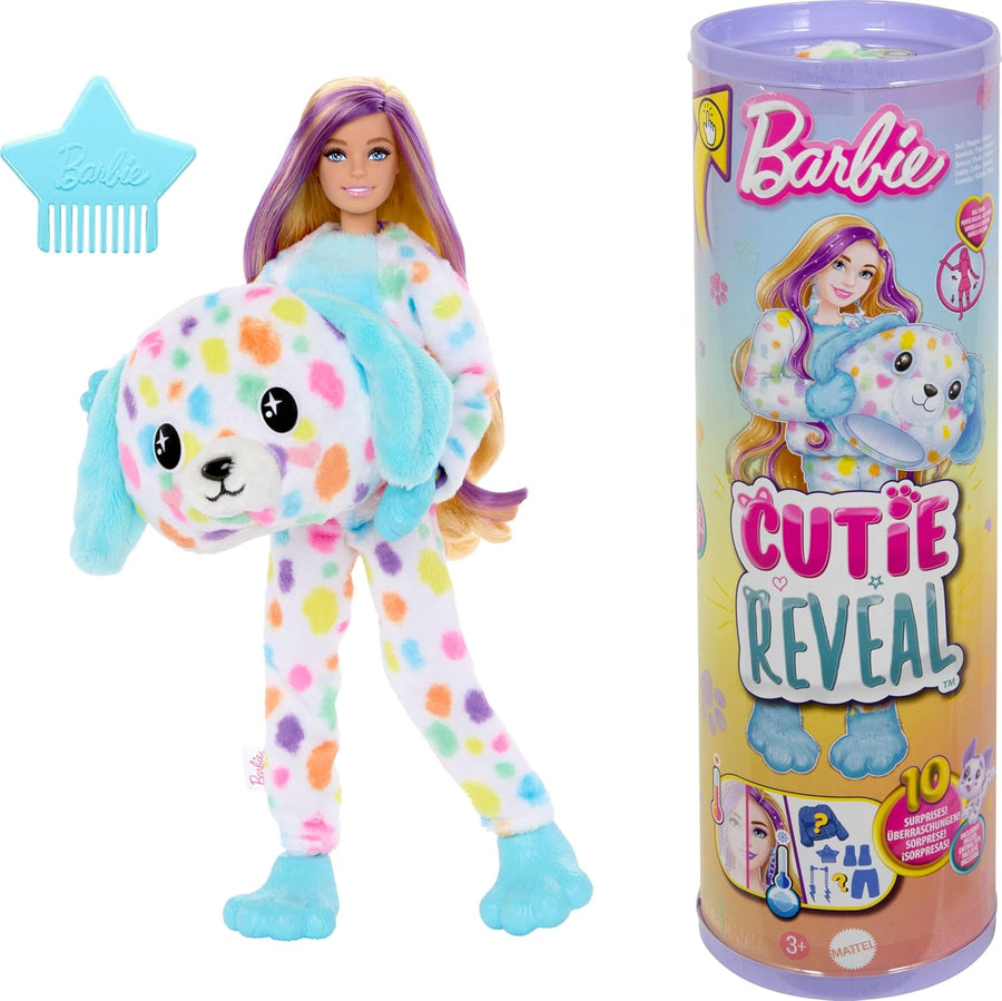 Barbie Cutie Reveal Doll & Accessories, Color Dream Series Set with Rainbow Dalmation Plush Costume & 10 Surprises
