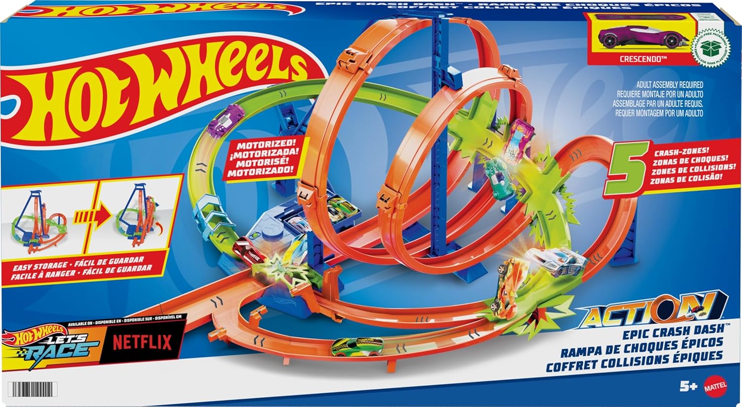 Hot Wheels Track Set, Epic Crash Dash with 5 Crash Zones, Motorized Booster and 1 Hot Wheels 1:64 Scale Toy Car, Easy Storage