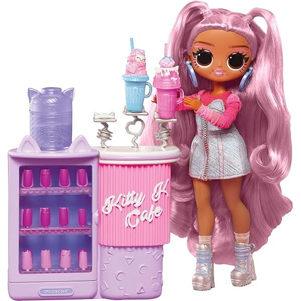 LOL Surprise OMG Sweet Nails – Kitty K Café with 15 Surprises, Including Real Nail Polish, Press On Nails, Sticker Sheets, Glitter, 1 Fashion Doll, and More!