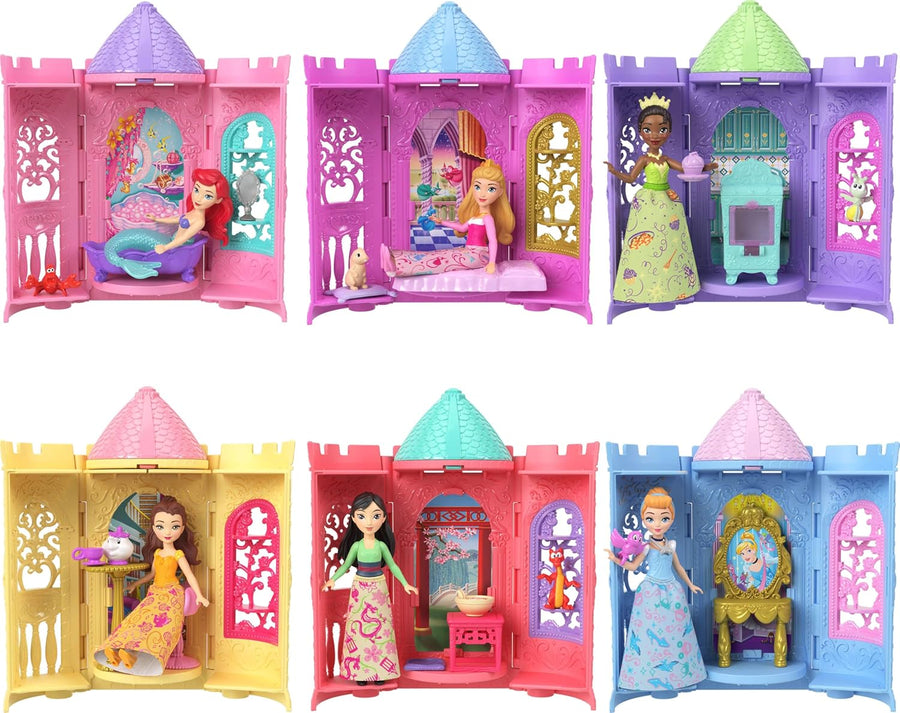 Mattel Disney Princess Tower Surprise Small Dolls & Accessories, Stacking Playsets with 4 Surprises & Friend from Disney Movies (Styles May Vary)
