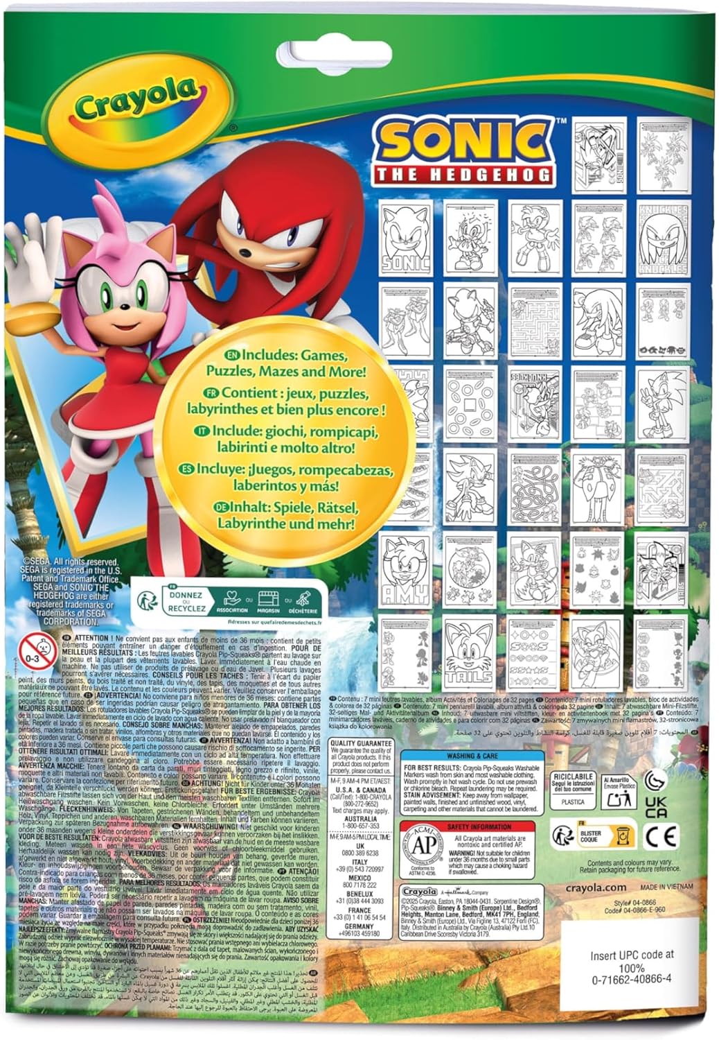 Crayola Sonic Activity & Coloring Album, 32 Colouring Pages and 7 Mini Washable Felt Tip Pens