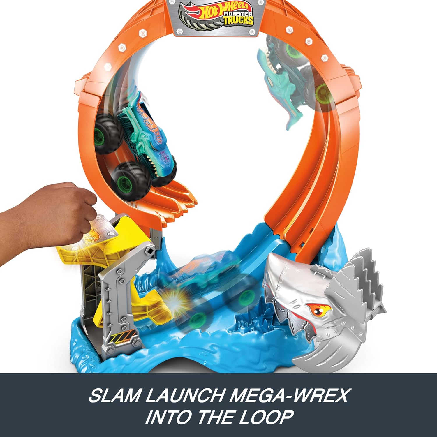 Hot Wheels Toy Monster Trucks Track Set, Corkscrew Shark Smash Playset & 1:64 Scale Mega-Wrex Vehicle, Launch through Loop to Defeat Nemesis