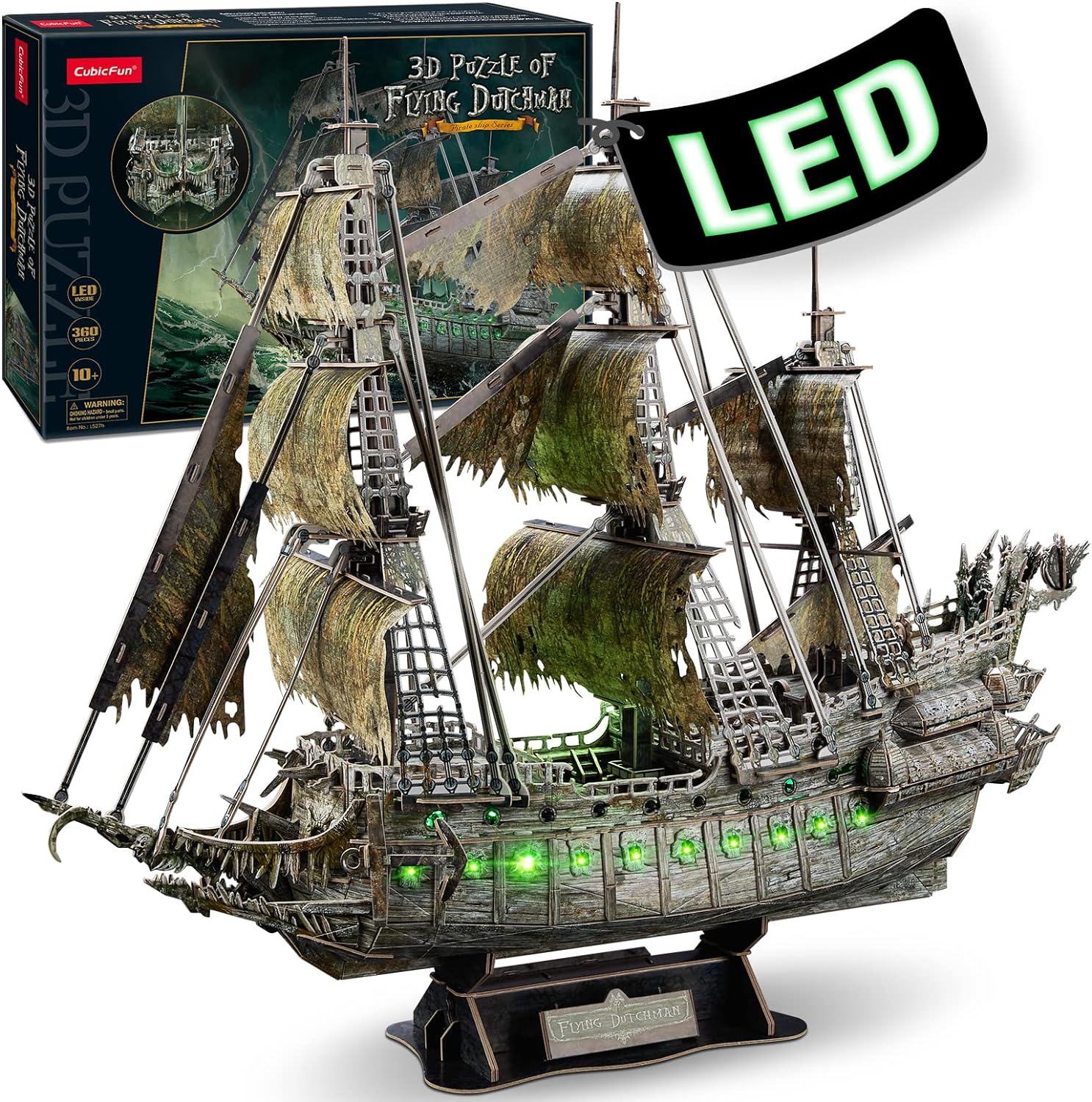 3D Green LED Flying Dutchman Pirate Ship Puzzle - 360 Pieces Haunted Ghost Ship Model Kit and Desk Decor