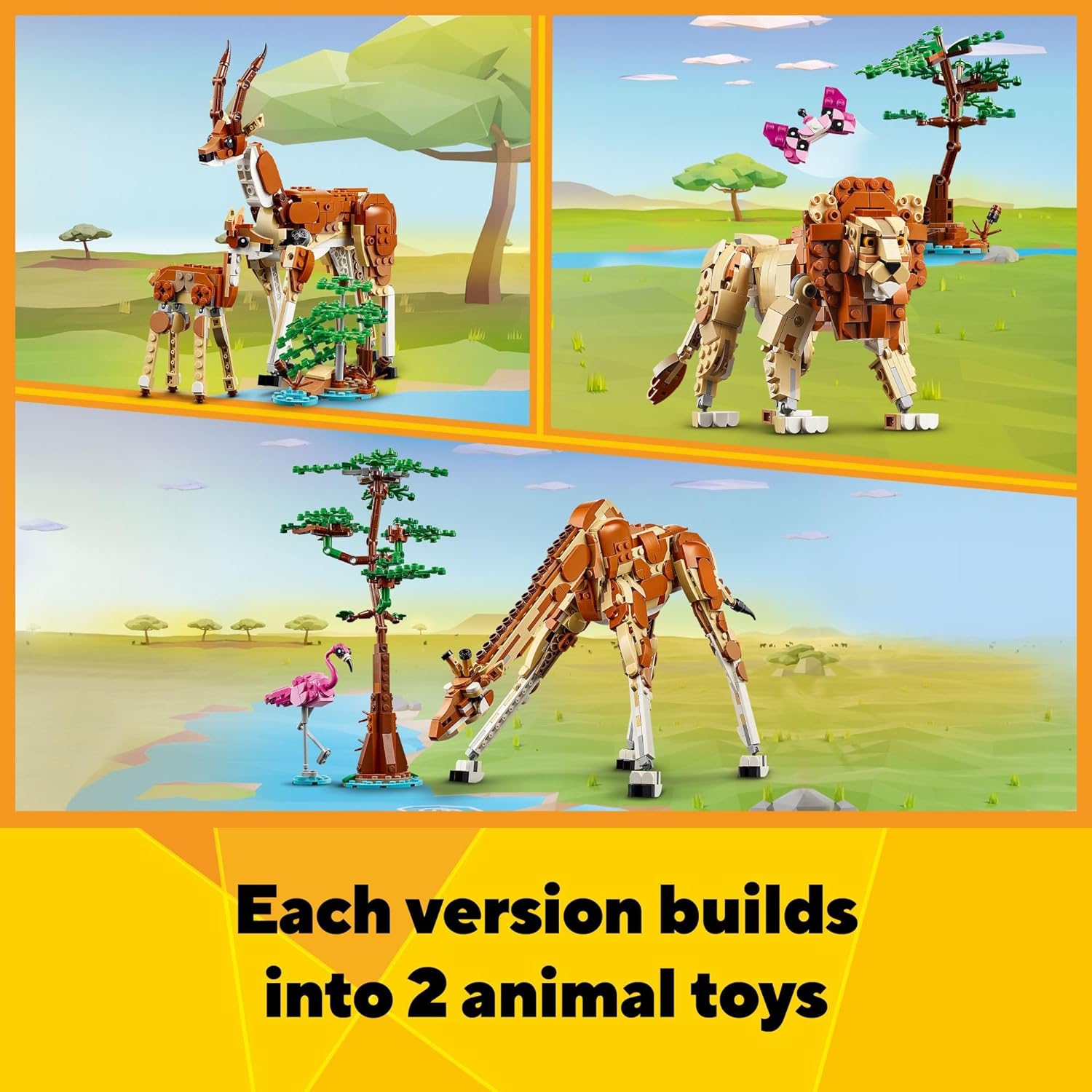 LEGO 31150 Creator 3 in 1 Wild Safari Animals, Rebuilds into 3 Different Safari Animal Figures - Giraffe Toy, Gazelle Toy or Lion Toy, Nature Toy, Building Set for Kids.