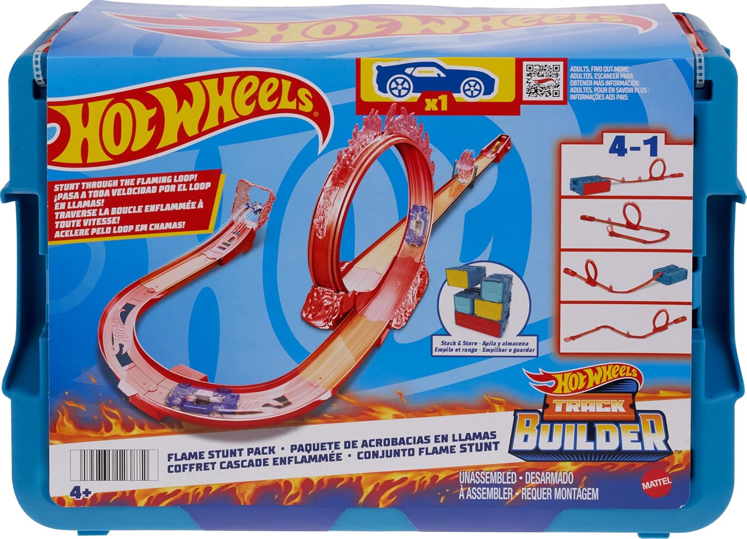 Hot Wheels Track Set And 1 Hot Wheels Car, Fire-themed Track Building Set