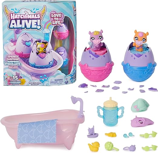 Hatchimals Alive, Make a Splash Playset with 15 Accessories, Bathtub, 2 Color-Change Mini Figures in Self-Hatching Eggs, Easter Basket Stuffers