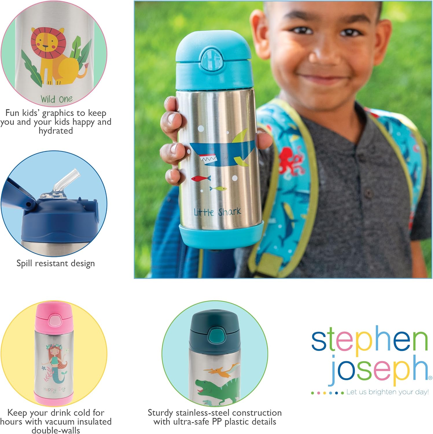 Stephen Joseph Double Wall Stainless Steel Bottles - Dino