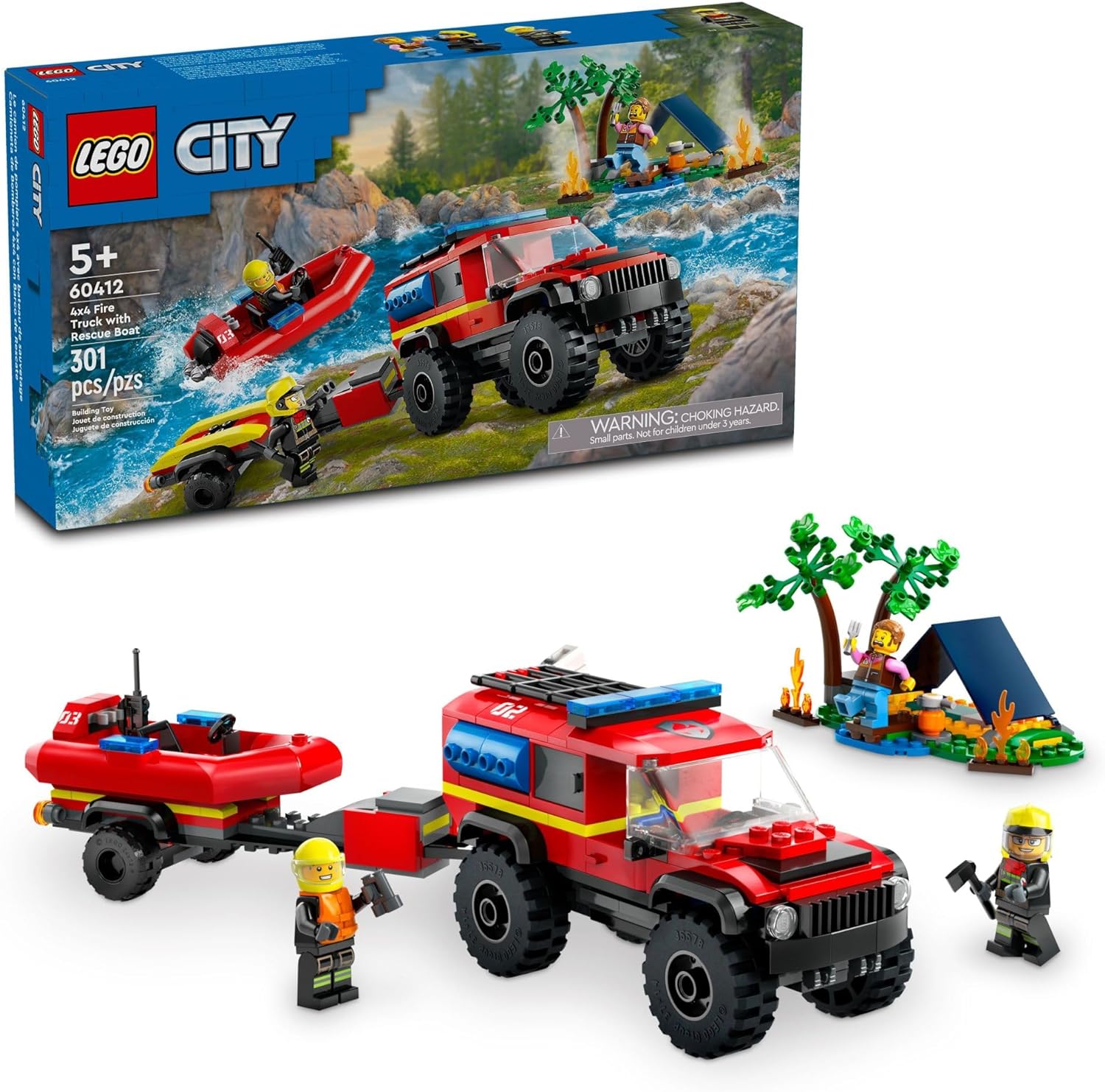 LEGO 60412 City 4x4 Fire Truck with Rescue Boat Toy for Kids Ages 5 and Up, Pretend Play Toy for Boys and Girls with a Truck Toy, Trailer, Dinghy and Tent, Plus 1 Camper and 2 Firefighter Minifigures.